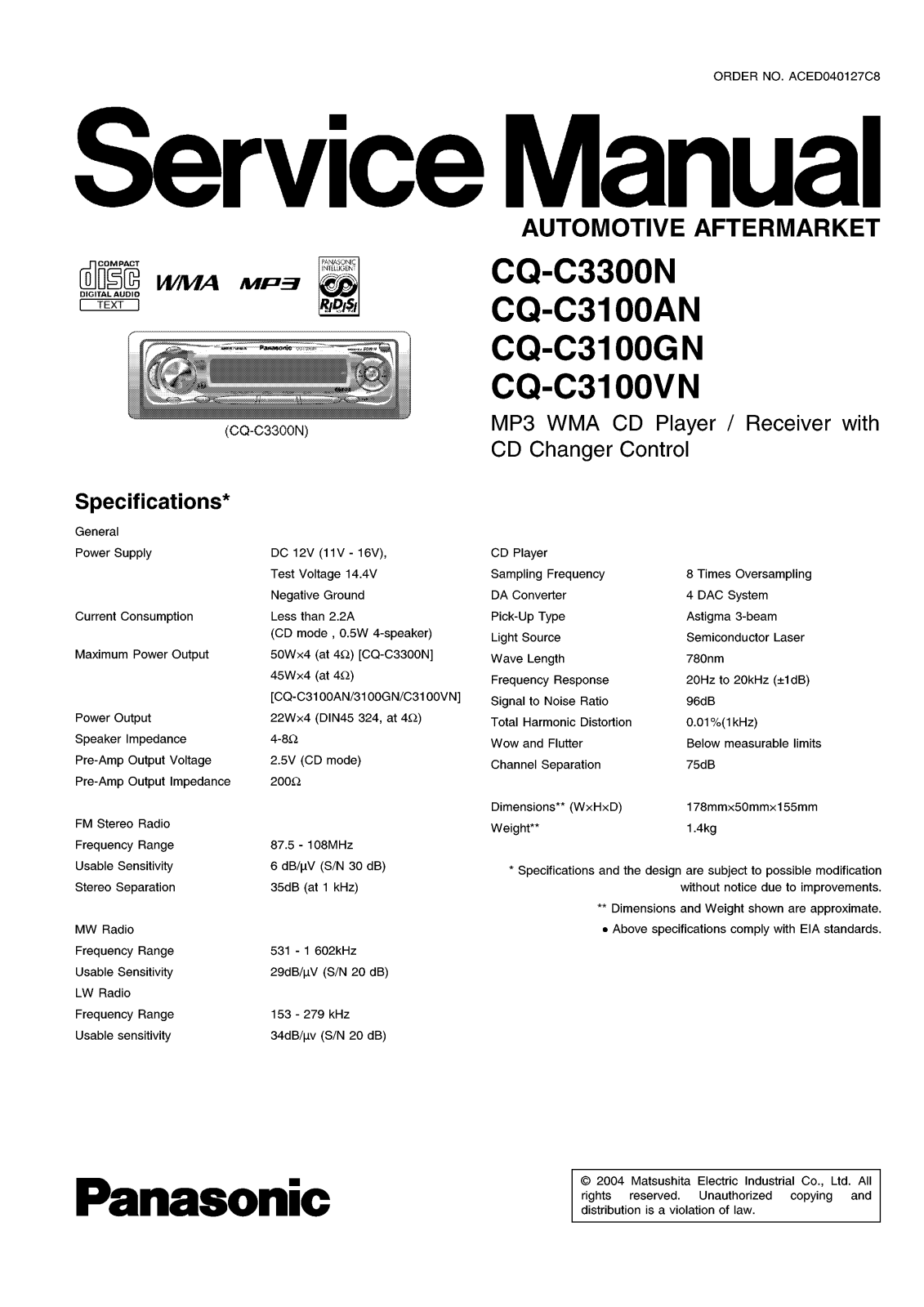 Panasonic CQ-C3100VN, CQ-C3100GN, CQ-C3100AN, CQ-C3300N Service Manual