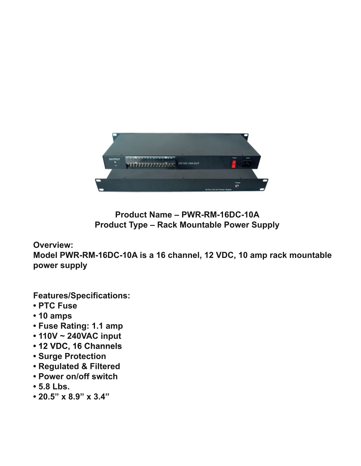 ICRealtime PWR-RM-16DC-10A Specsheet