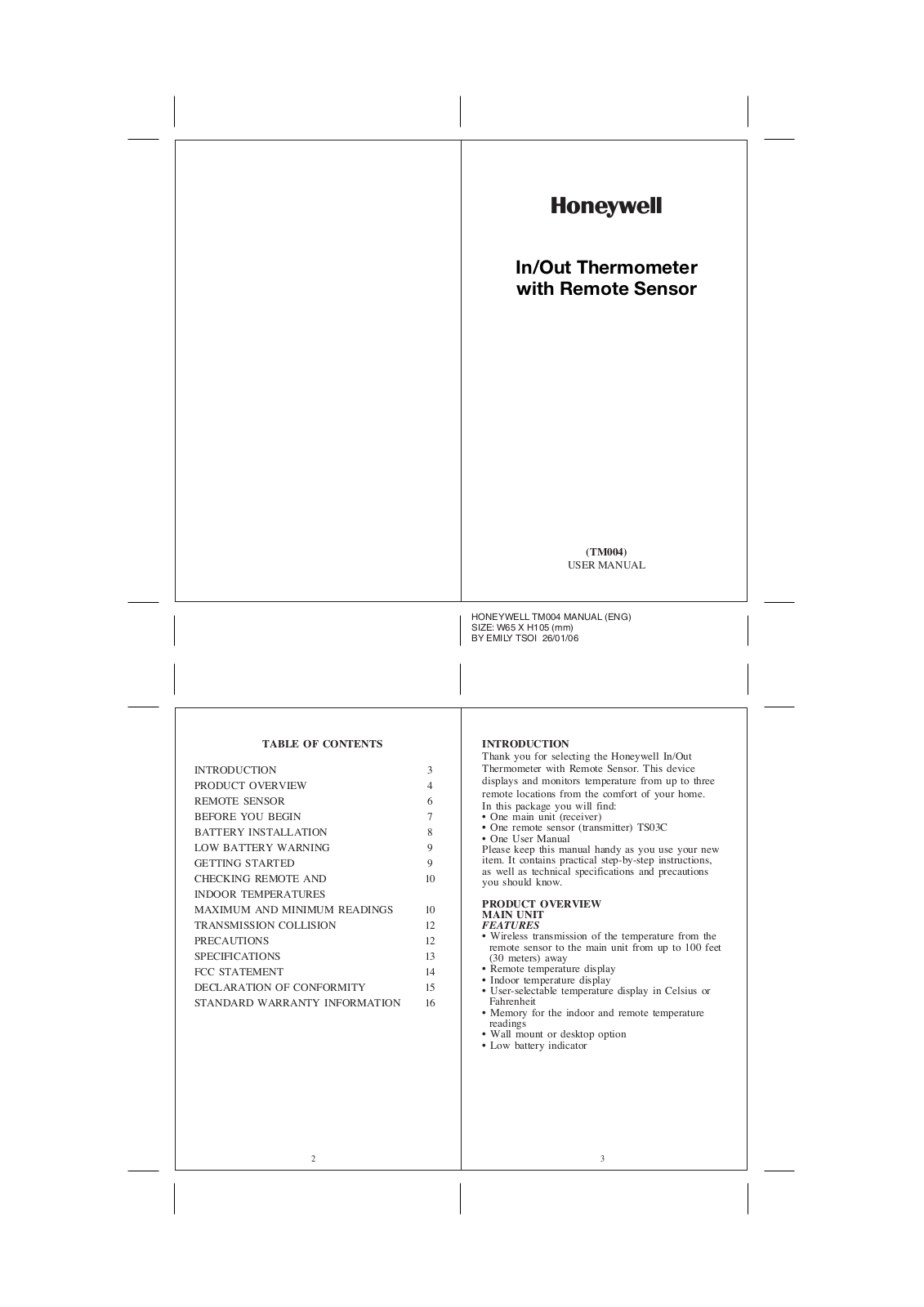 Honeywell TM004, TS03C User Manual