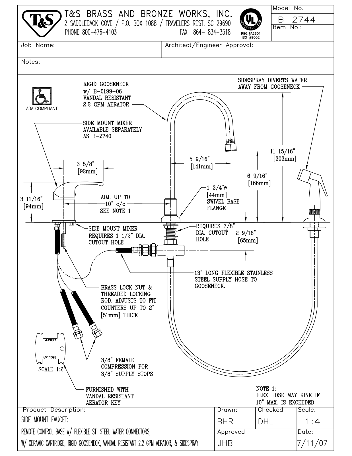 T&S Brass B-2744 Specifications