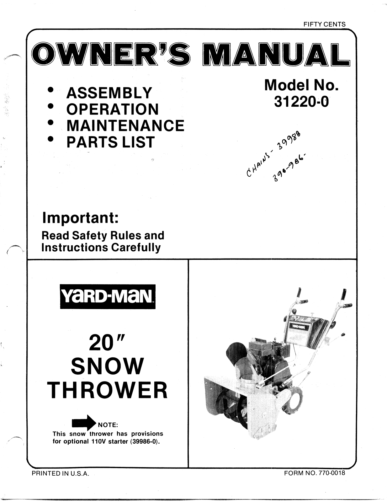 yard-man 310-220 owners Manual