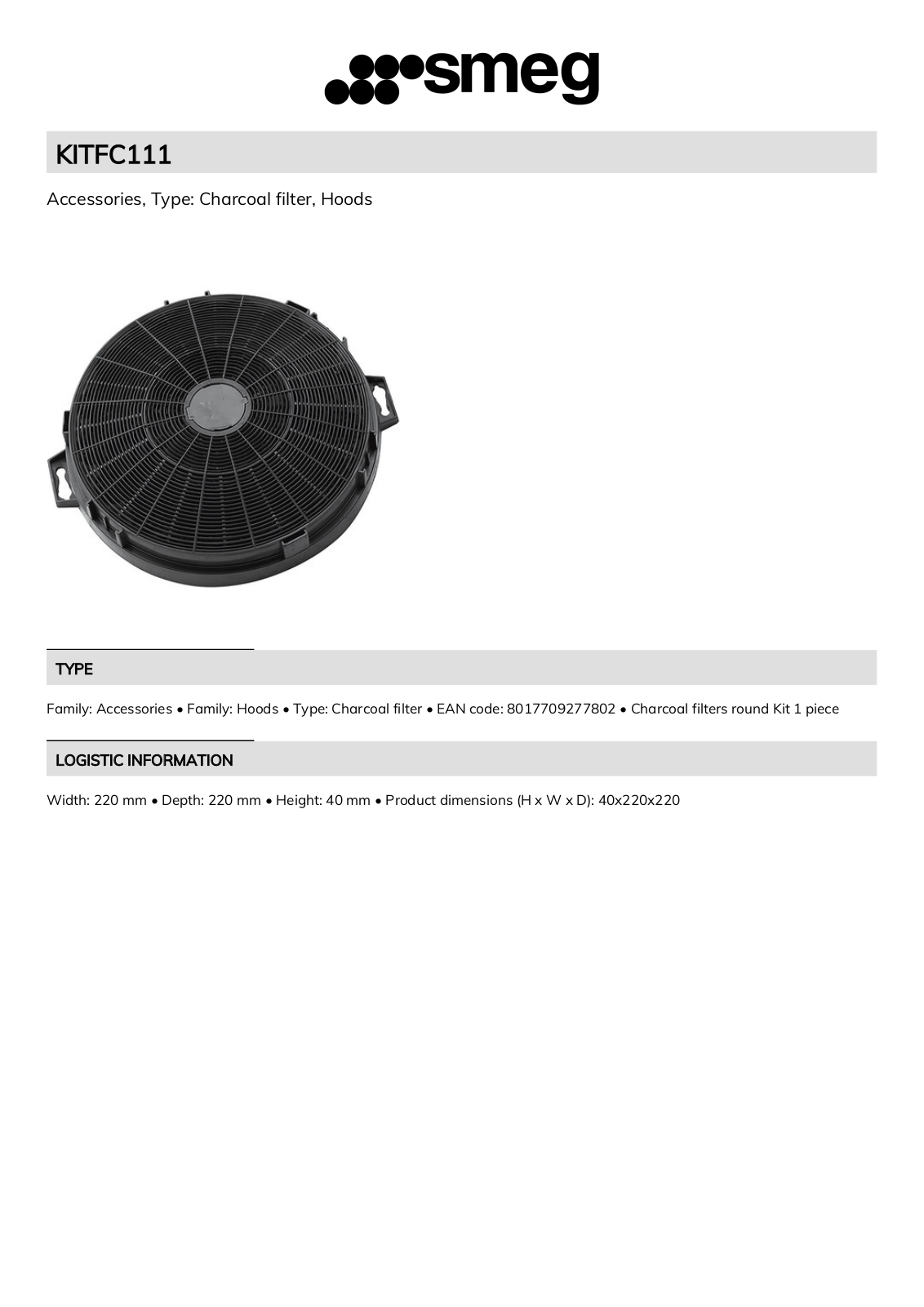 Smeg KITFC111 Technical sheet