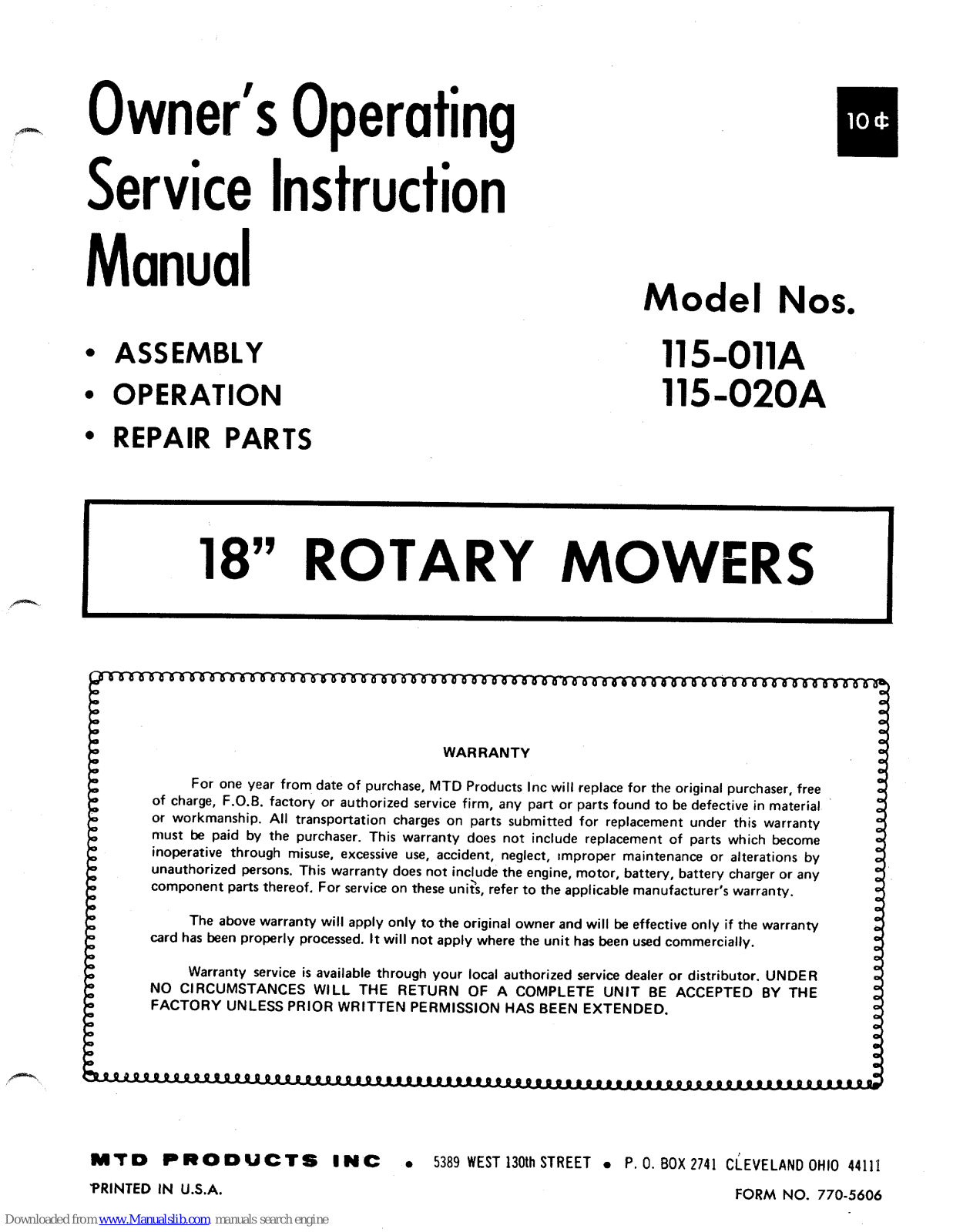 MTD 115-011A, 115-020A Owner's Operating Service Instruction Manual