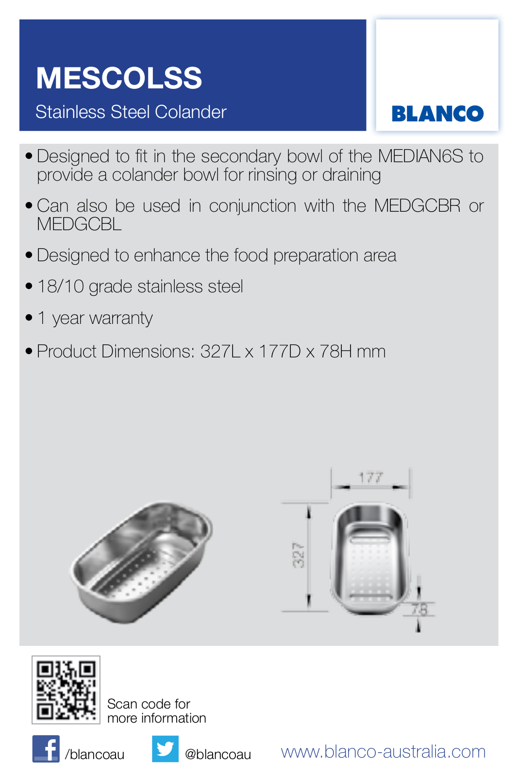 Blanco MESCOLSS Specifications Sheet