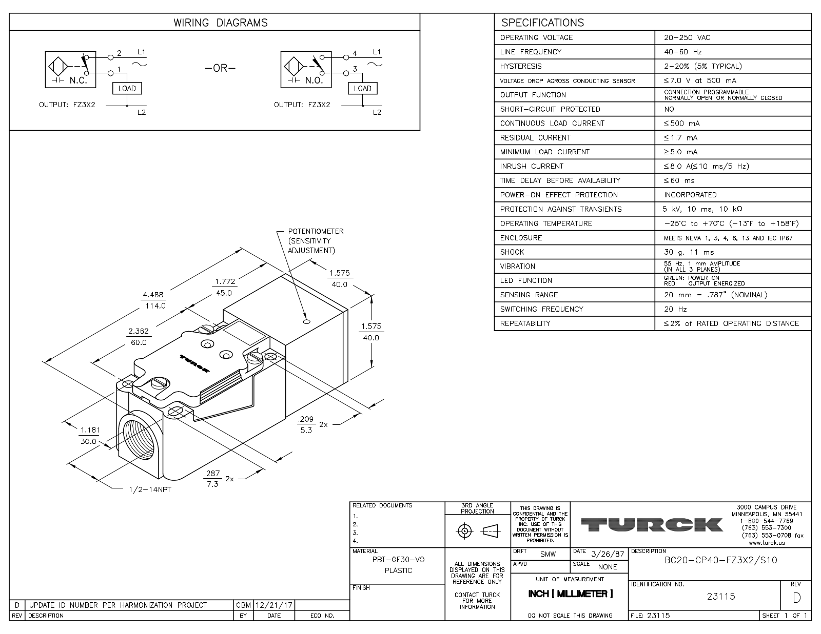 Turck BC20-CP40-FZ3X2/S10 Data Sheet