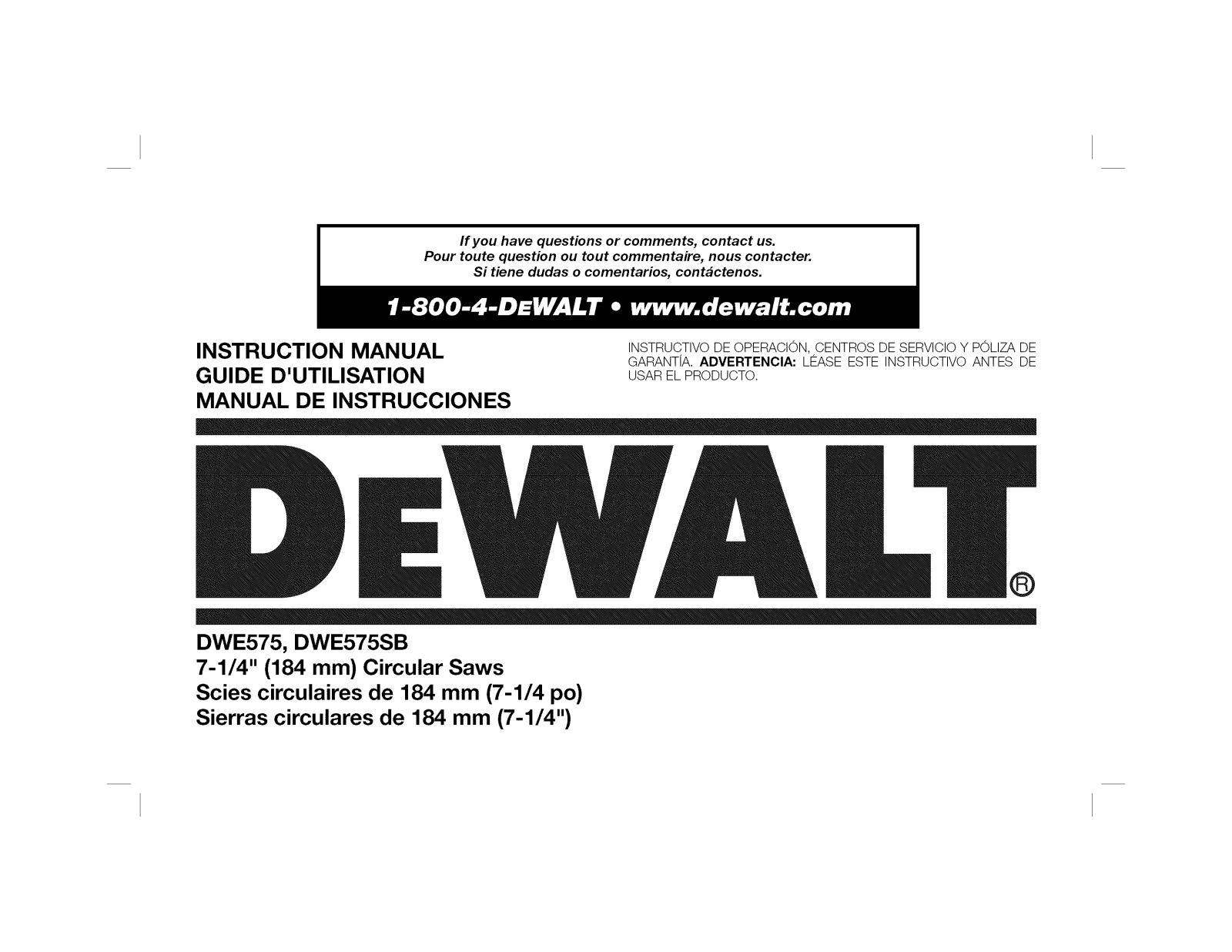 DeWalt DWE575SB TYPE1, DWE575 TYPE1 Owner’s Manual