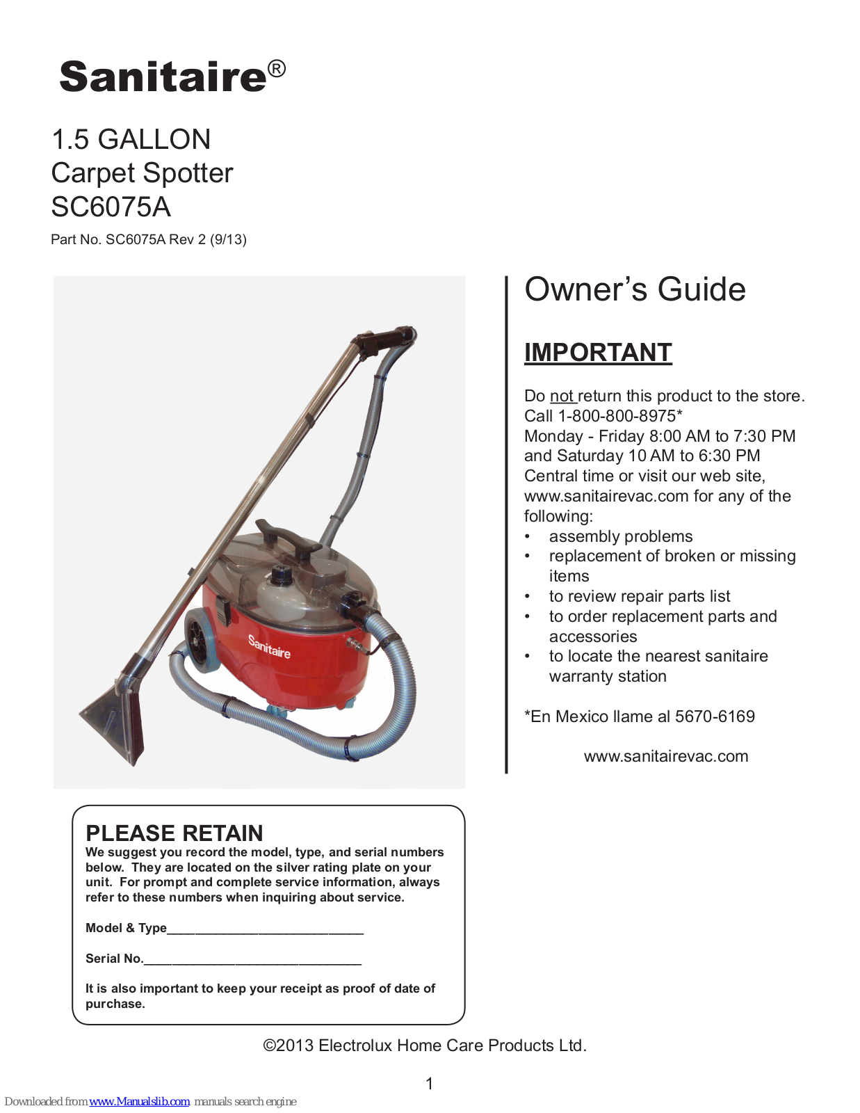 Sanitaire SC6075A Owner's Manual