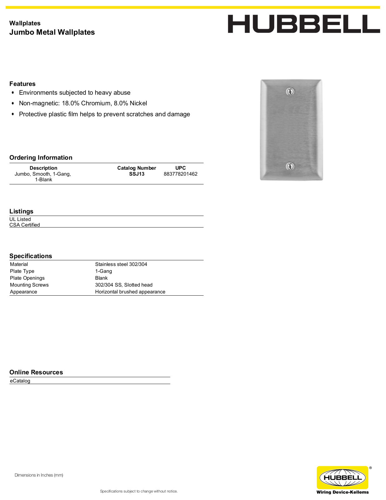 Hubbell SSJ13 Specifications