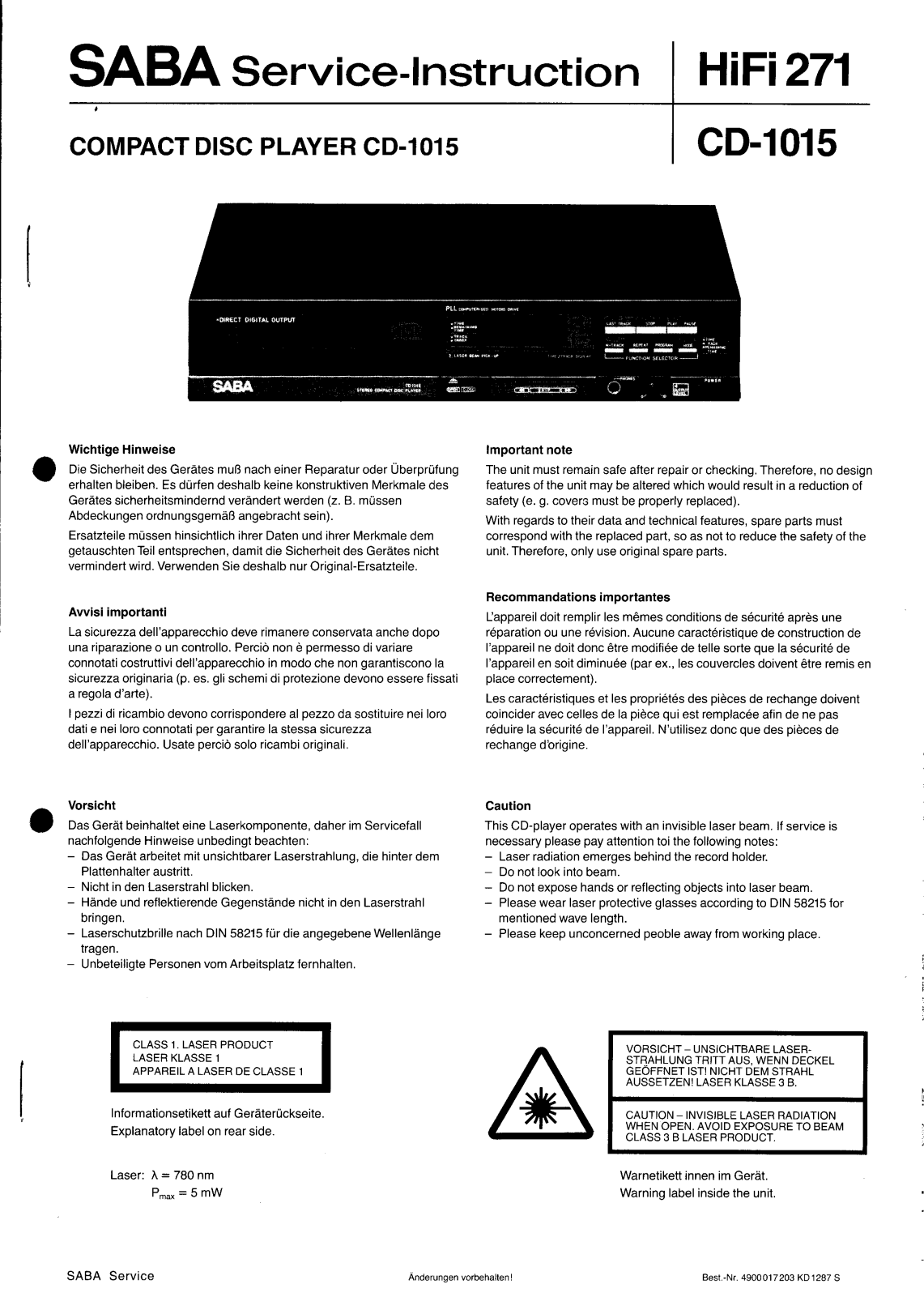 Saba CD-1015 Service manual