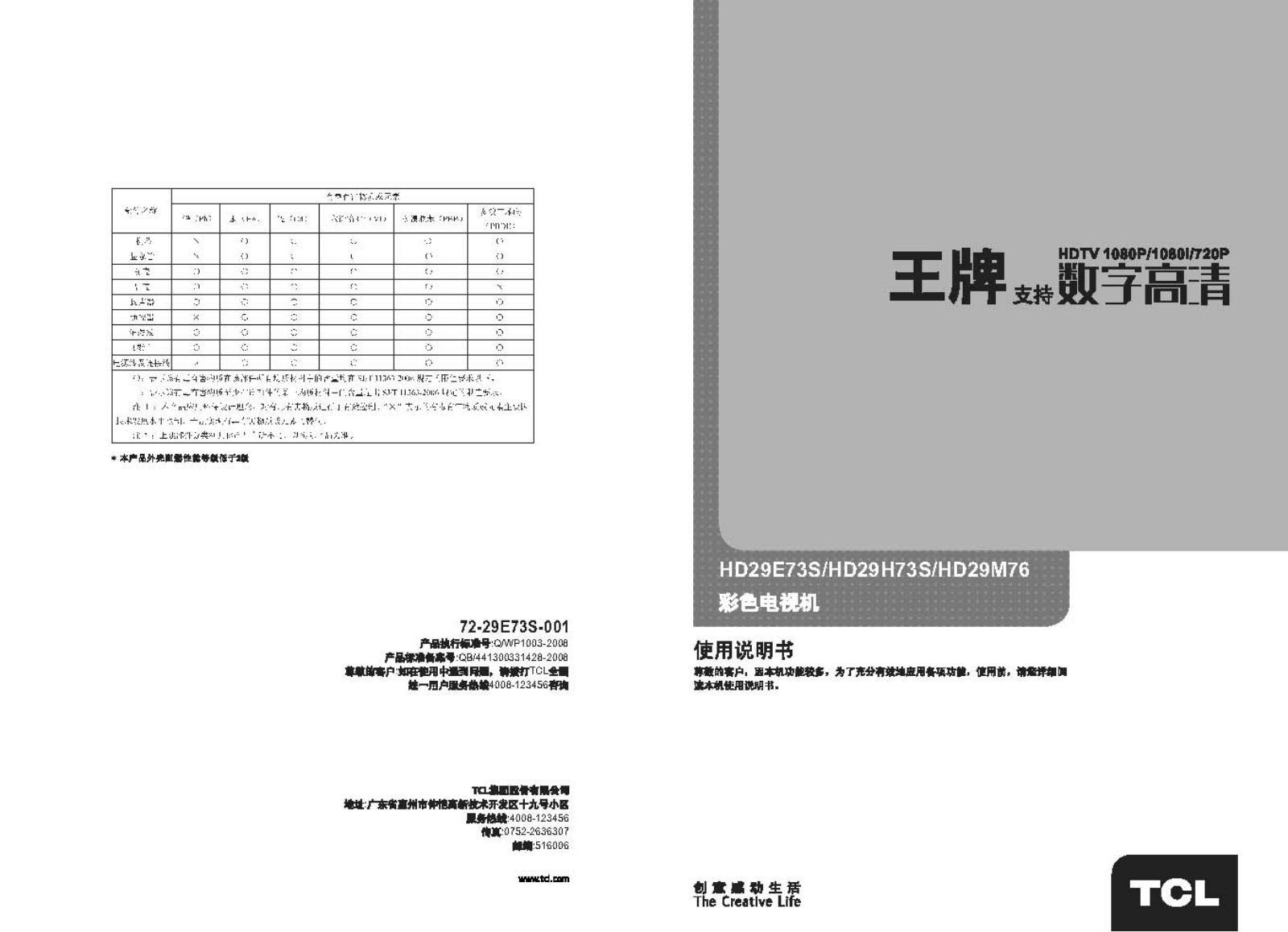 TCL HD29E73S, HD29H73S, HD29M76 User Manual