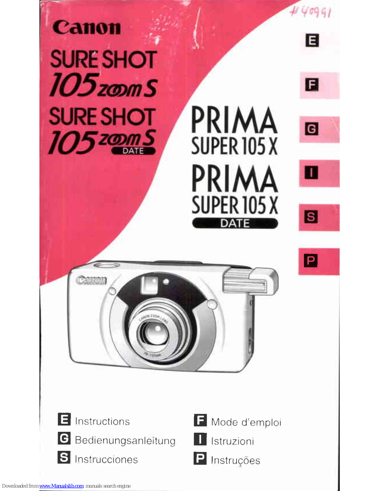 Canon Sure Shot 105 ZOOM S Date, Prima Super 105 X Date Instructions Manual