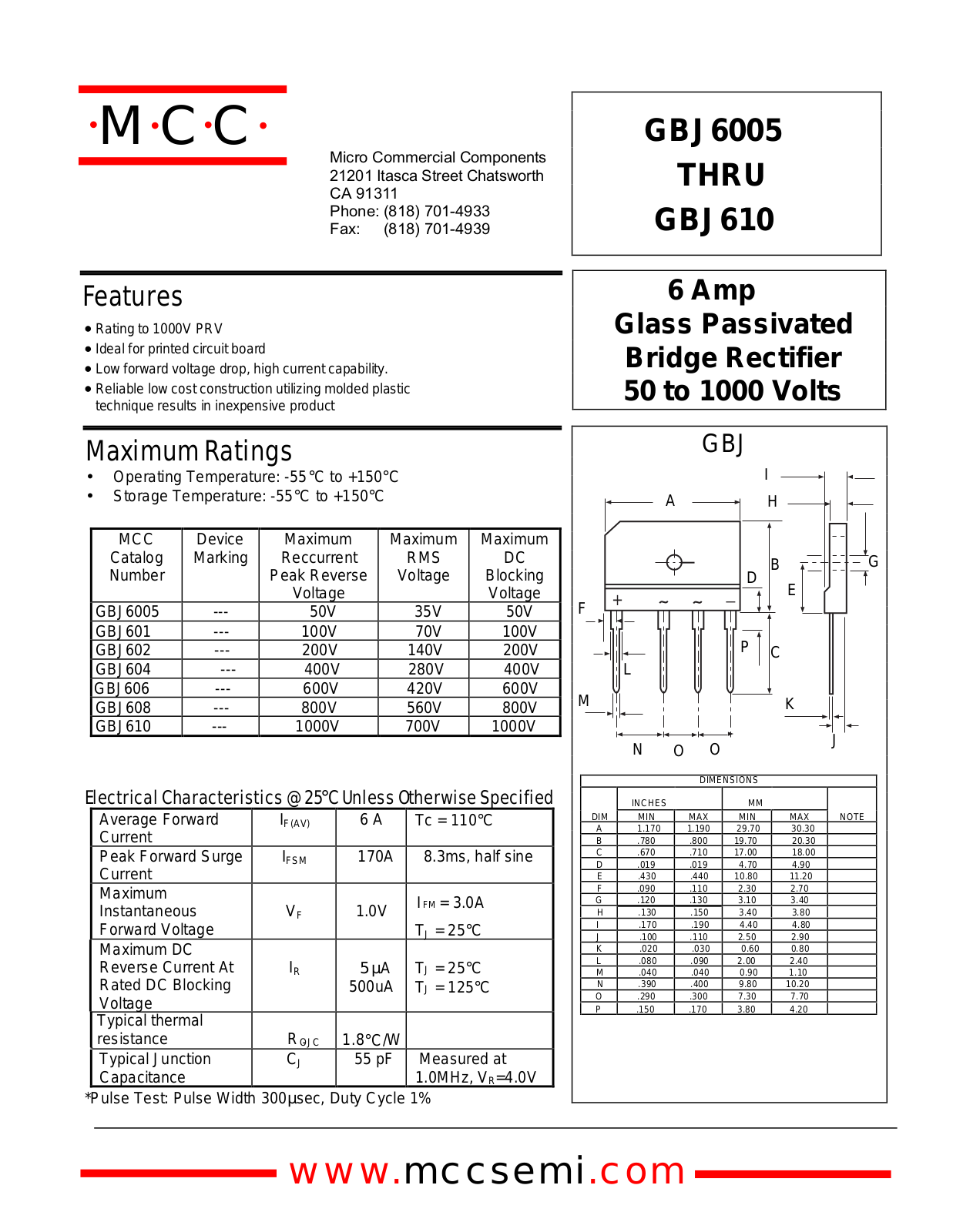 MCC GBJ602, GBJ601, GBJ610, GBJ608, GBJ606 Datasheet