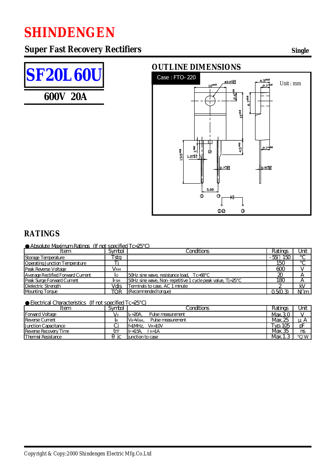 Shindengen Electric Manufacturing Company Ltd SF20L60U Datasheet