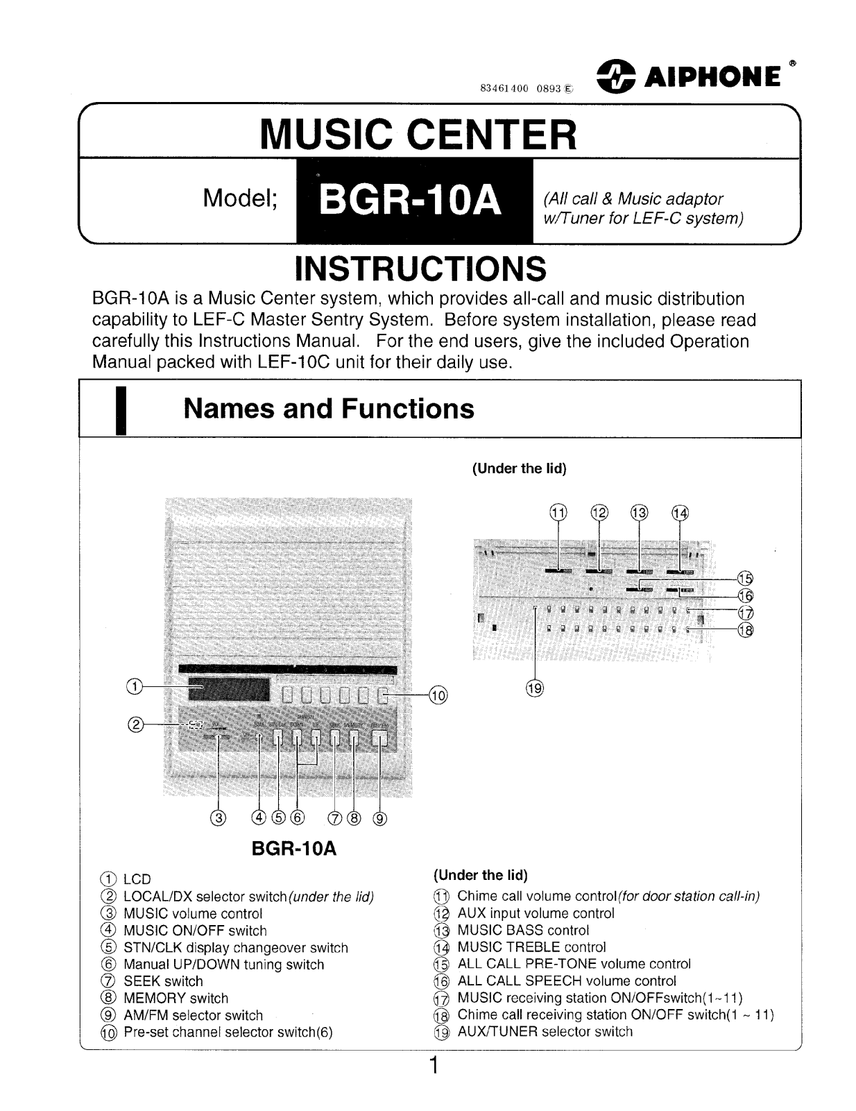 Aiphone BGR-10A INSTALLATION INSTRUCTIONS