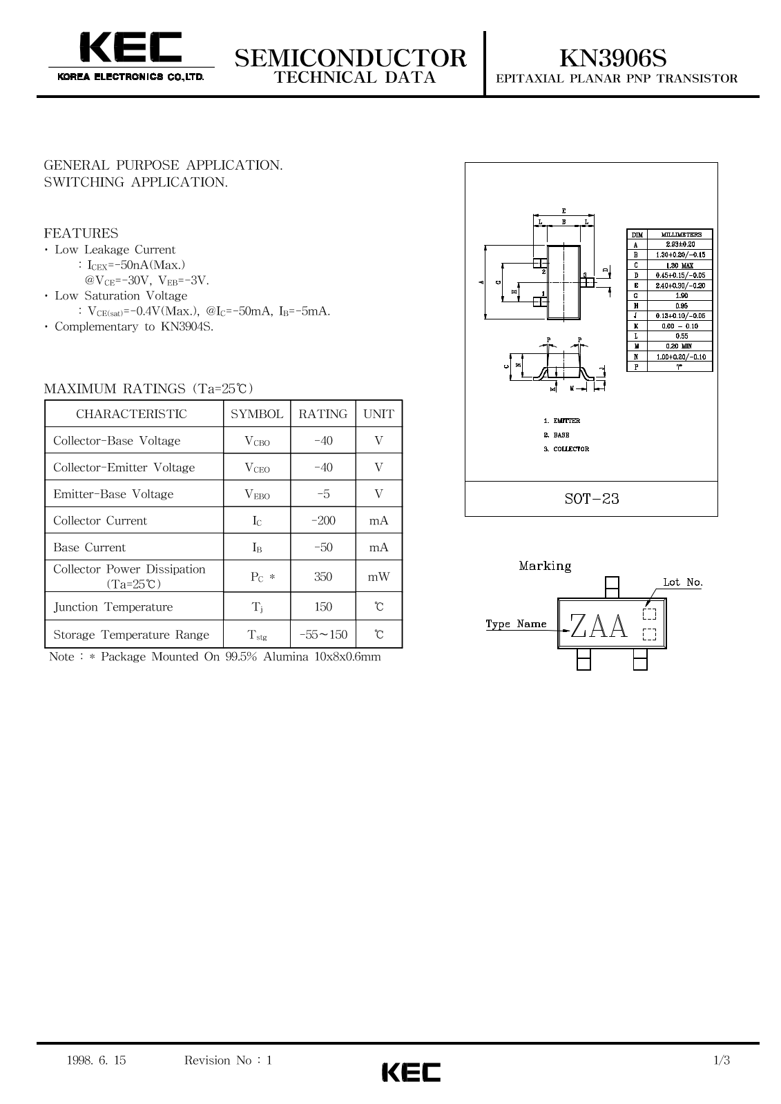 KEC KN3906S Datasheet