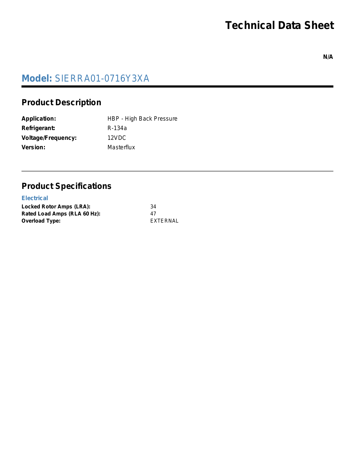 Tecumseh SIERRA01-0716Y3XA Technical Data Sheet