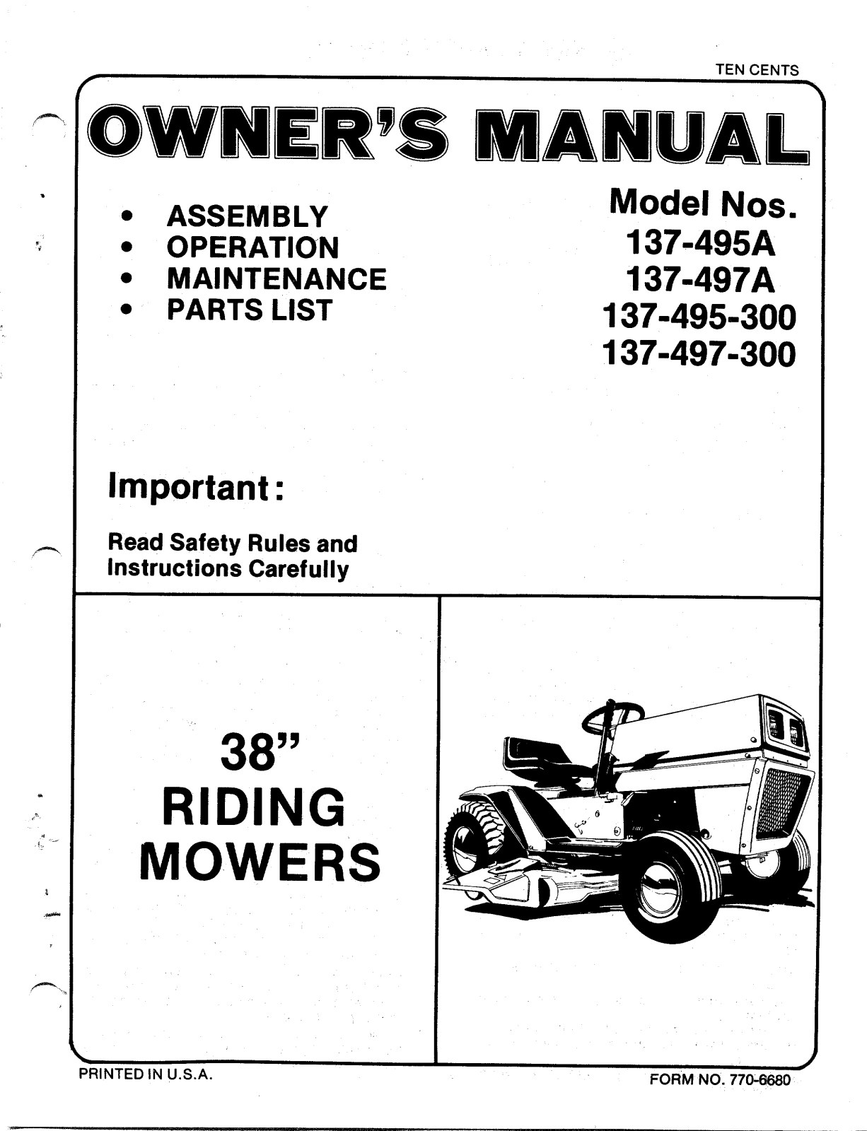 Mtd 137-495a, 137-497a, 137-495-300, 137-497-300 owners Manual