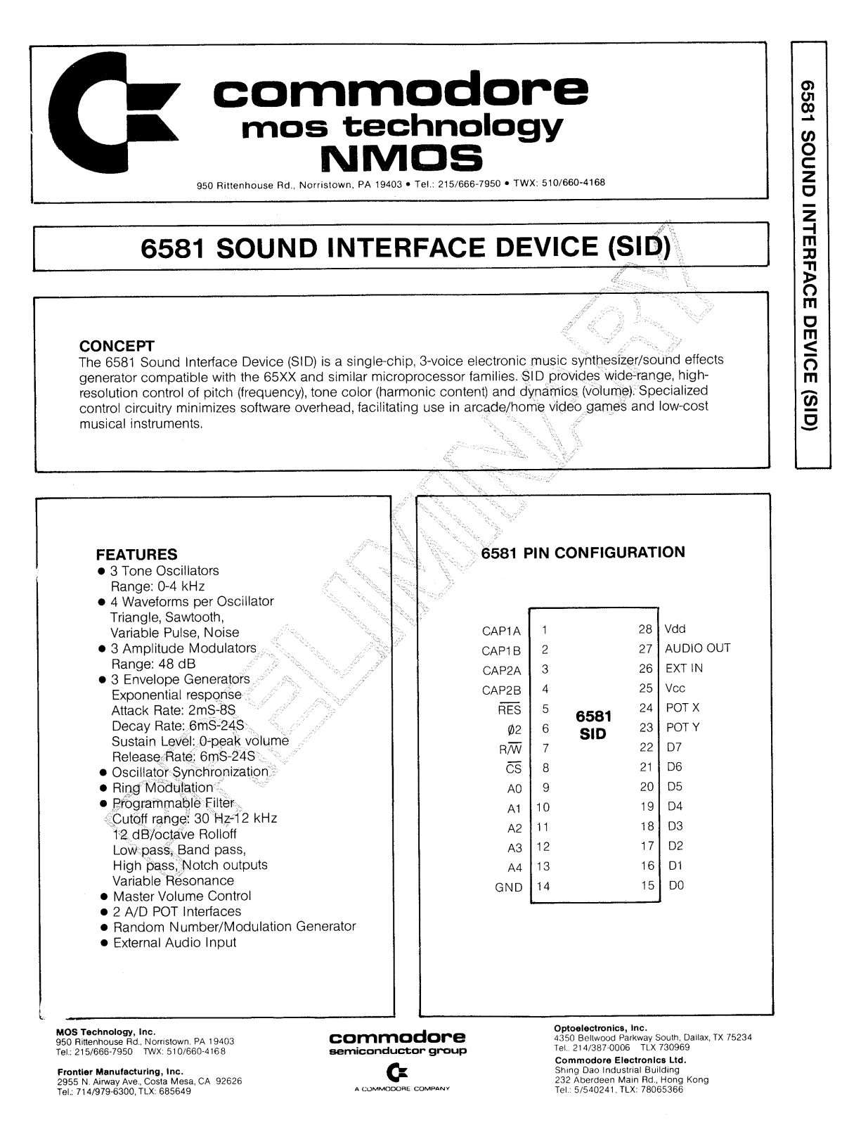 Commodore MOS 6581 Datasheet