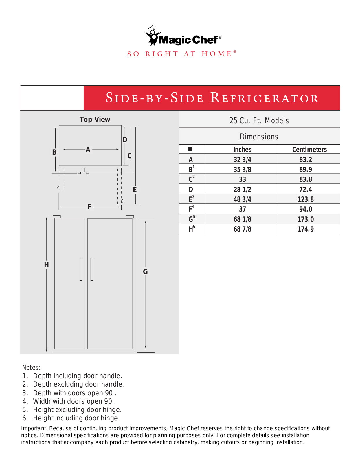 Magic Chef CSD2524ARW, CSD2525ARW Dimension Guide