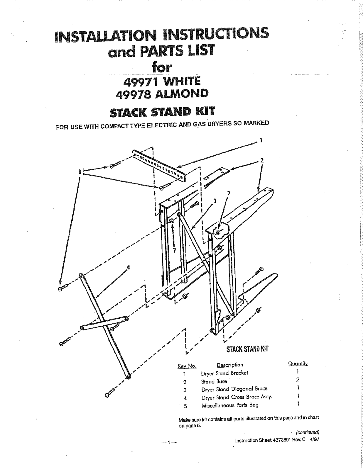 Whirlpool 49971 Instruction Sheet