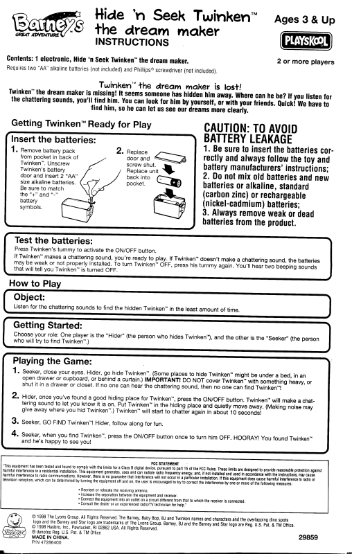 HASBRO Barney Hide'n Seek Twinken the Dreammaker User Manual