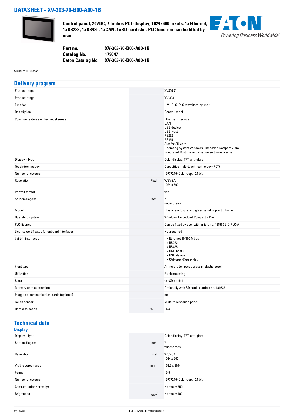 Cutler Hammer, Div of Eaton Corp XV-303-70-B00-A00-1B Data Sheet