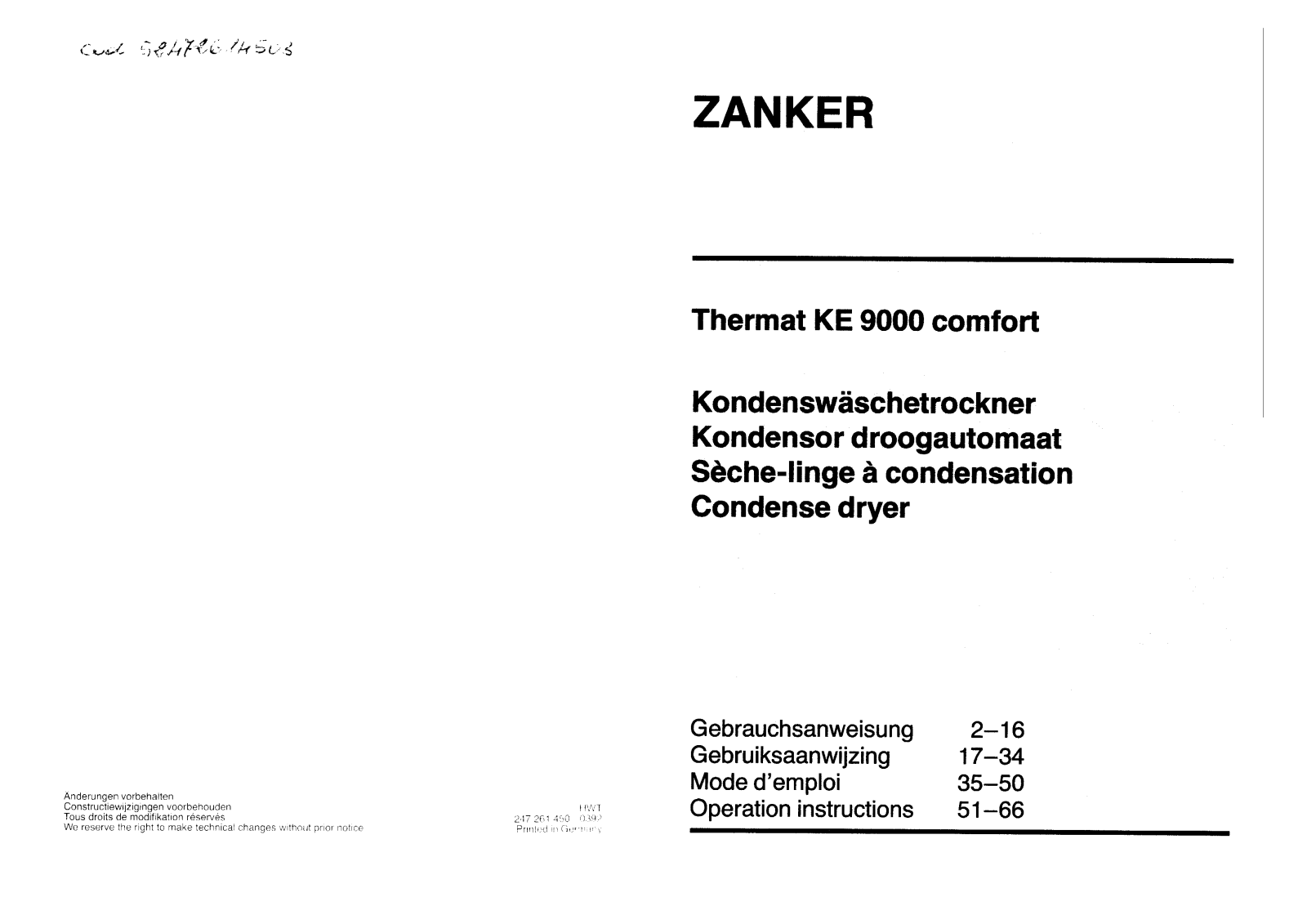 Zanker THKE9000C Operating Instructions