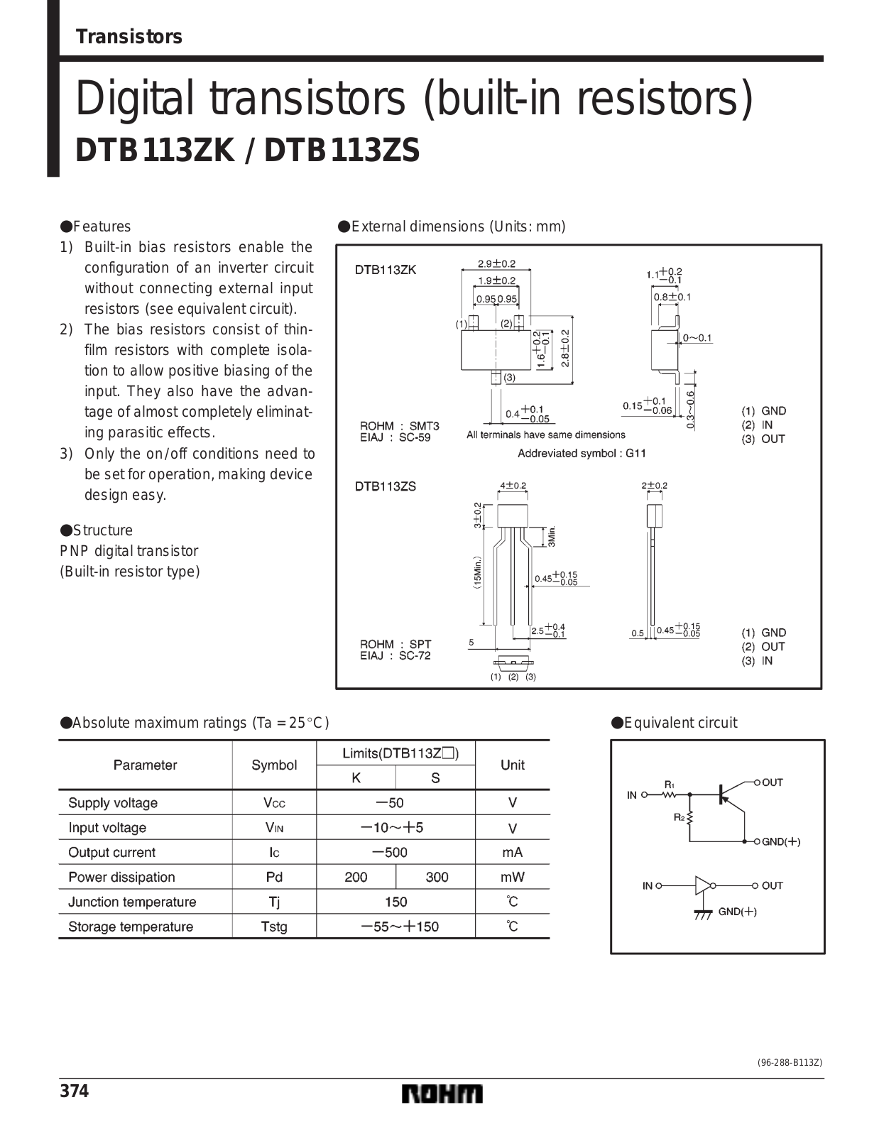 ROHM DTB113ZS, DTB113ZK Datasheet