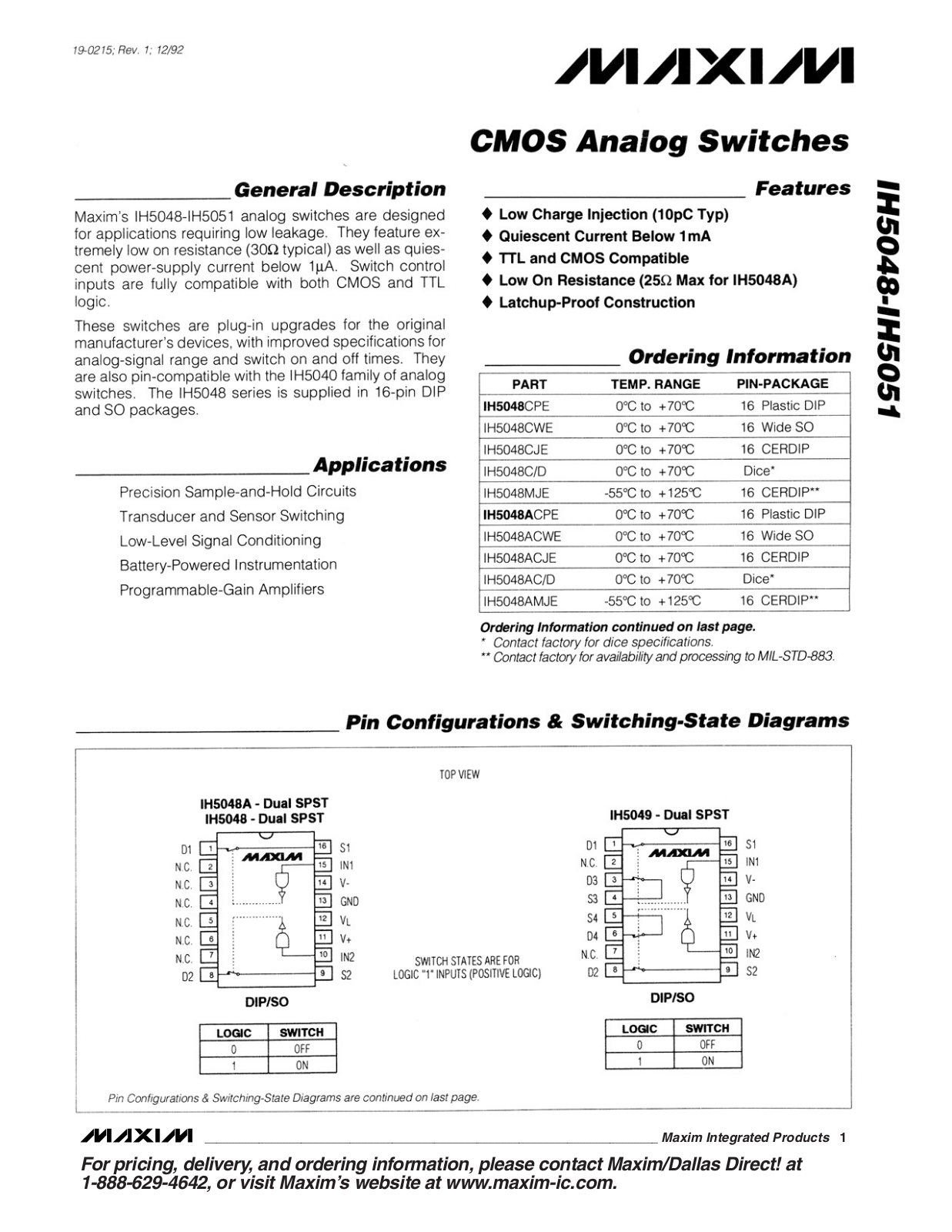 MAXIM IH5048, IH5051 Technical data