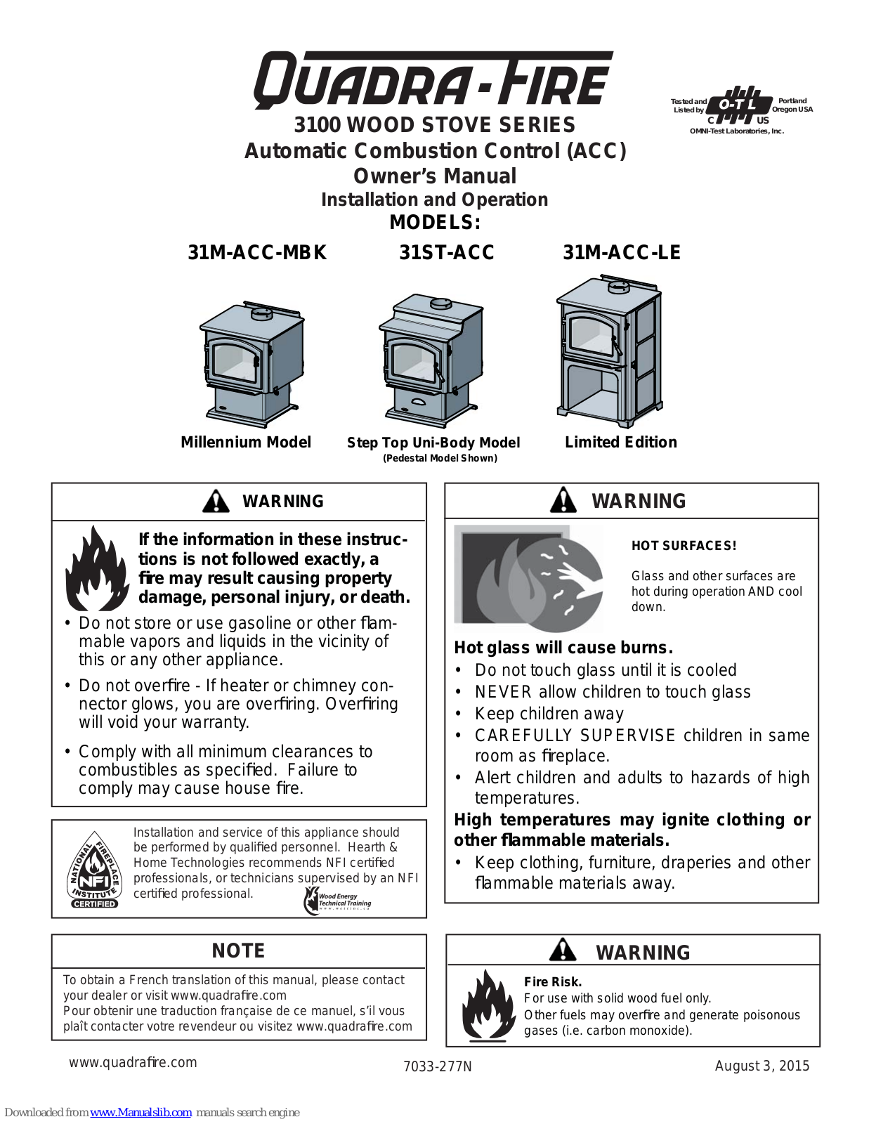 Quadra-Fire Millennium 31M-ACC-MBK, Limited Edition 31M-ACC-LE, Step Top Uni-Body 31ST-ACC Owner's Manual