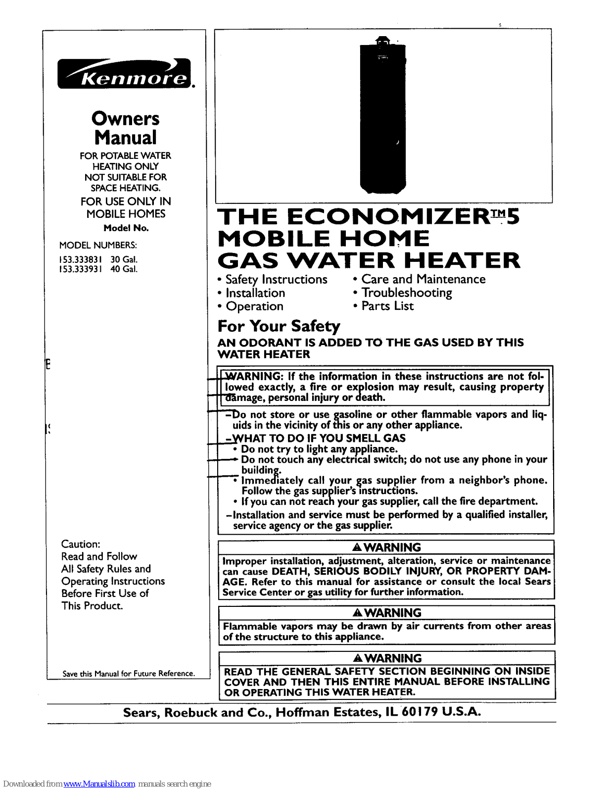 Kenmore The economizer 5 Gas water heater 153.333831, The Economizer 5 Owner's Manual - ManualMachine.com
