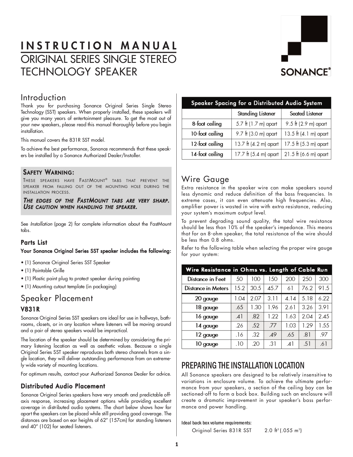 Sonance SST Instruction Manual