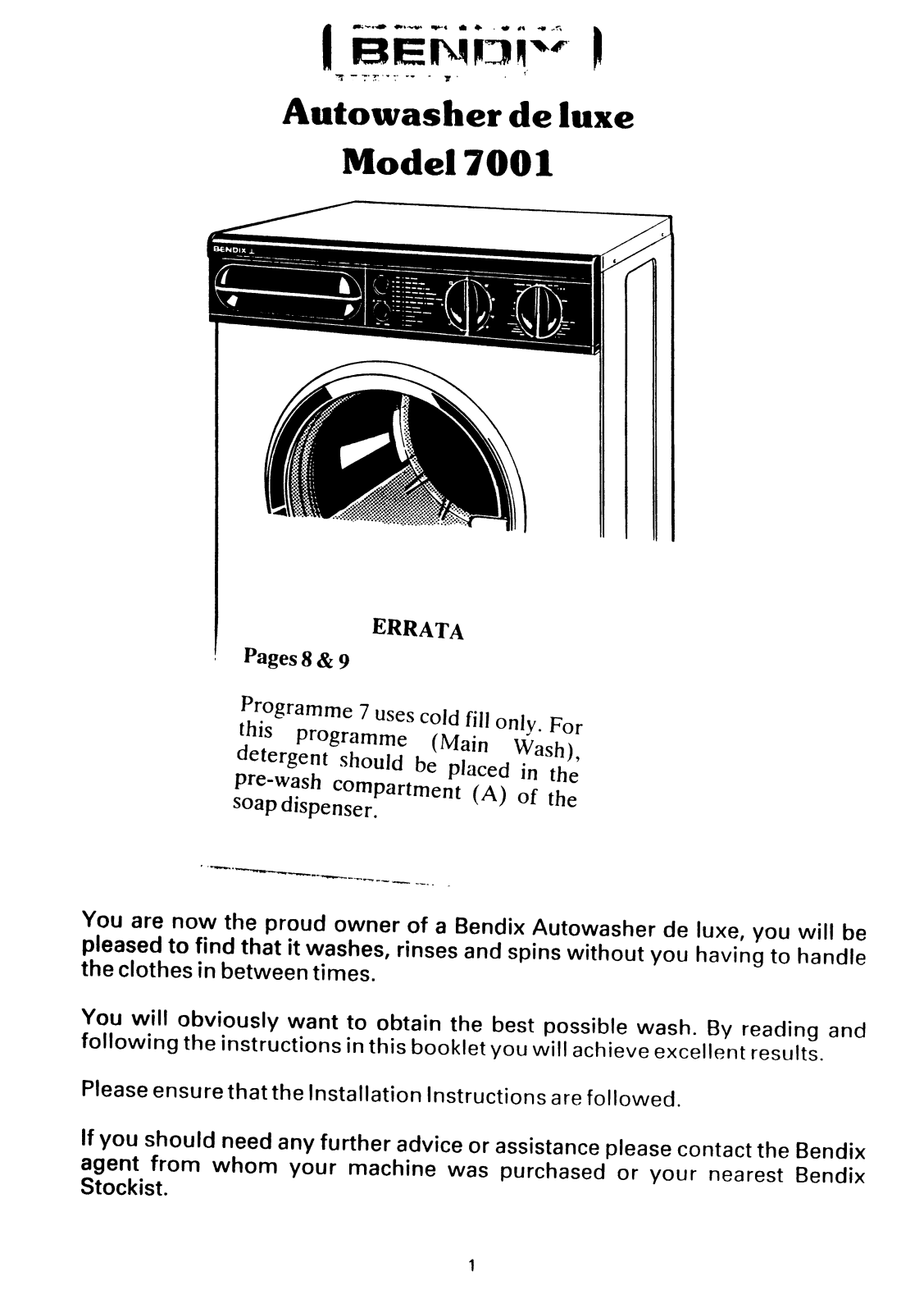 TRICITY BENDIX 7001 User Manual