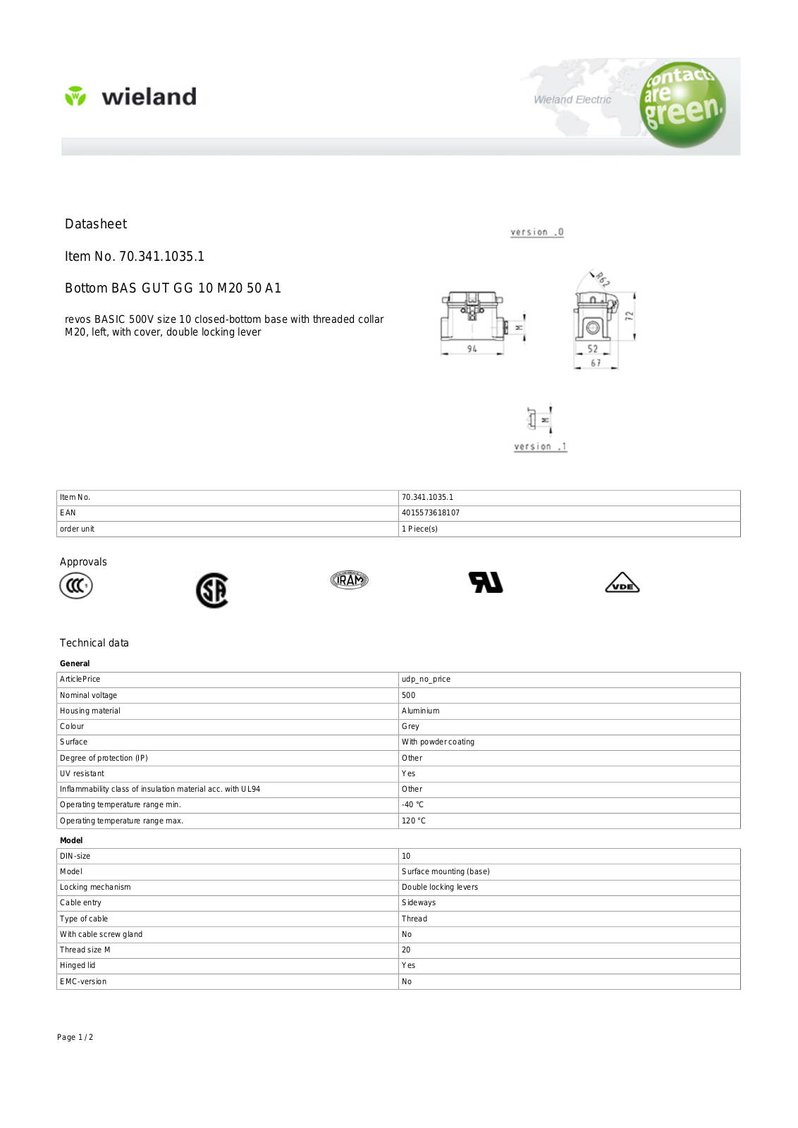 Wieland 70.341.1035.1 Data Sheet