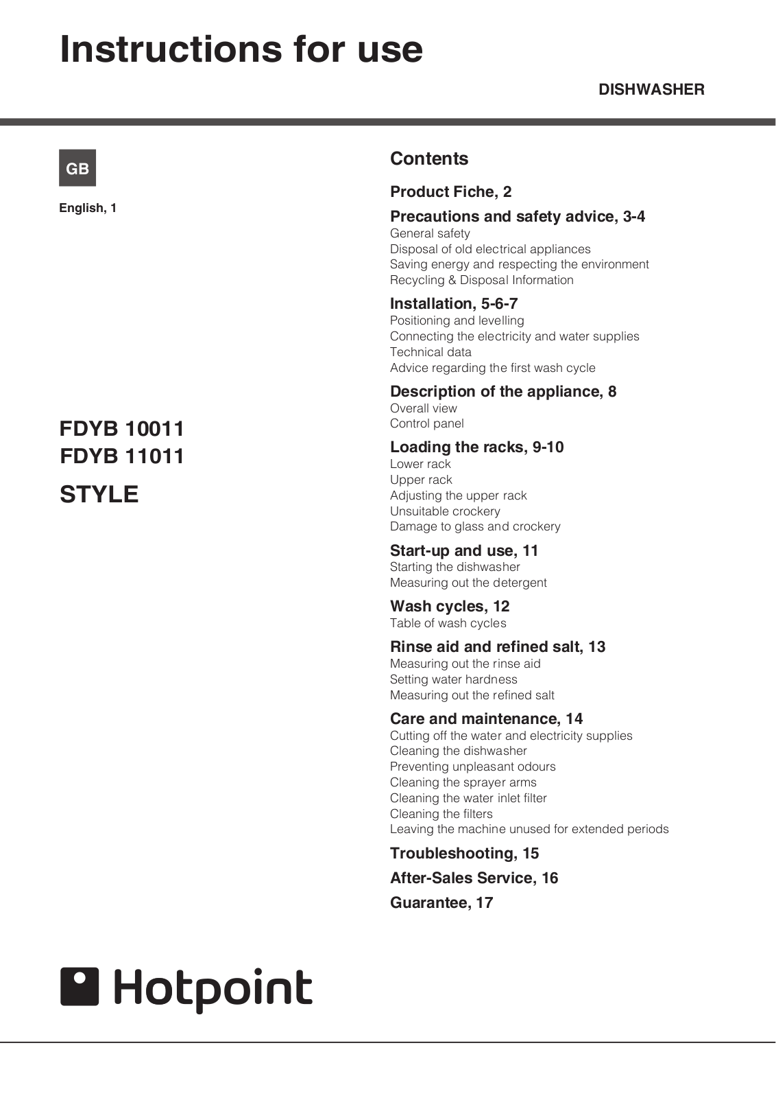 Hotpoint FDYB 11011, FDYB 10011 User Manual