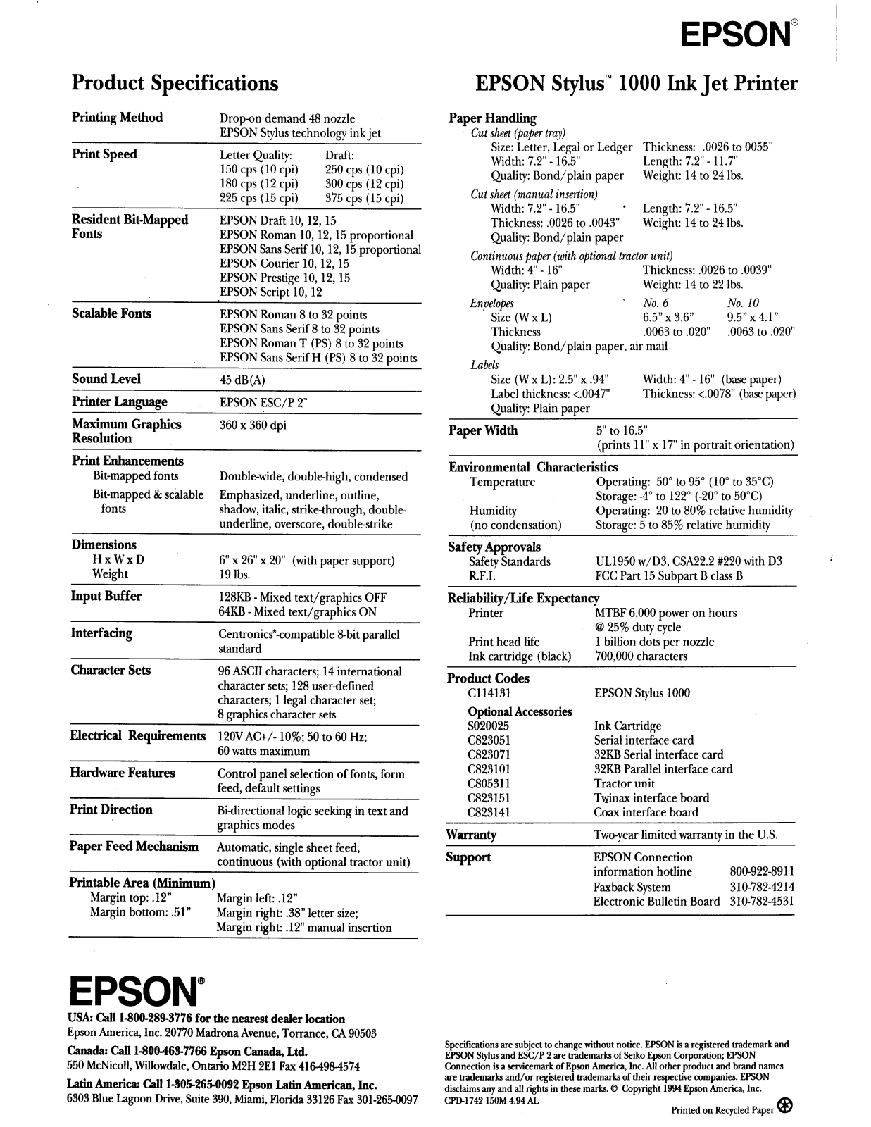 Epson Stylus 1000 Product Brochure