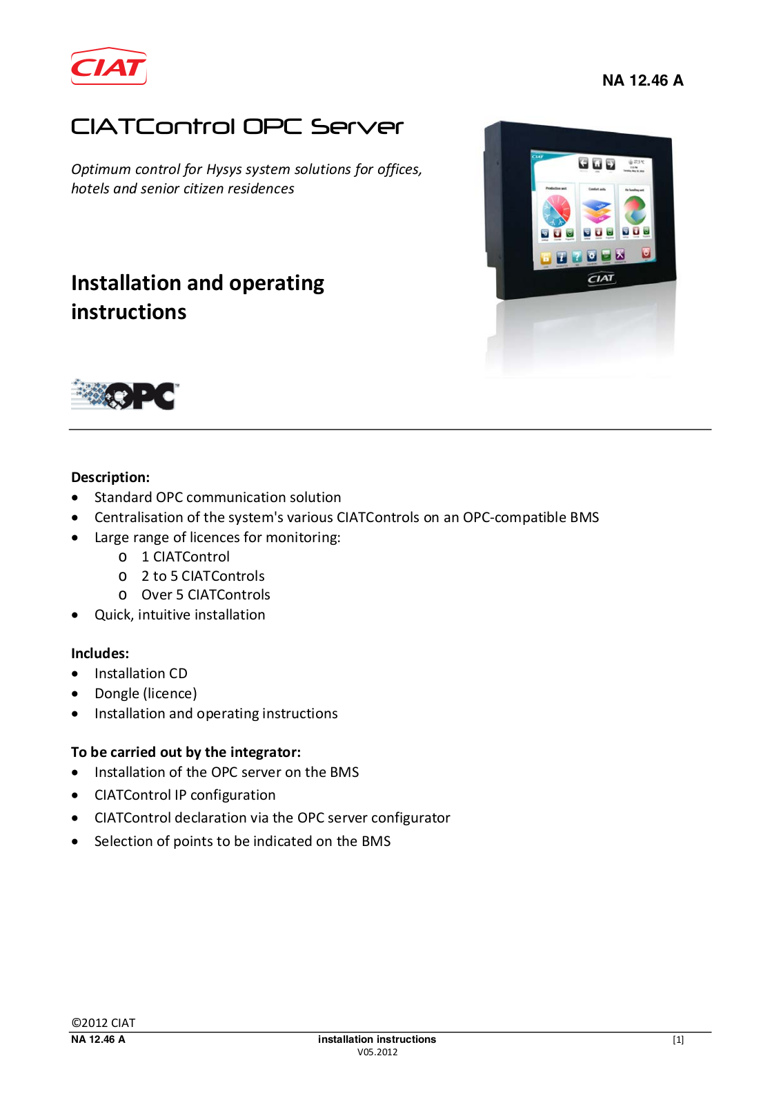 CIAT CIATControl OPC Server Installation And Operating Instructions Manual