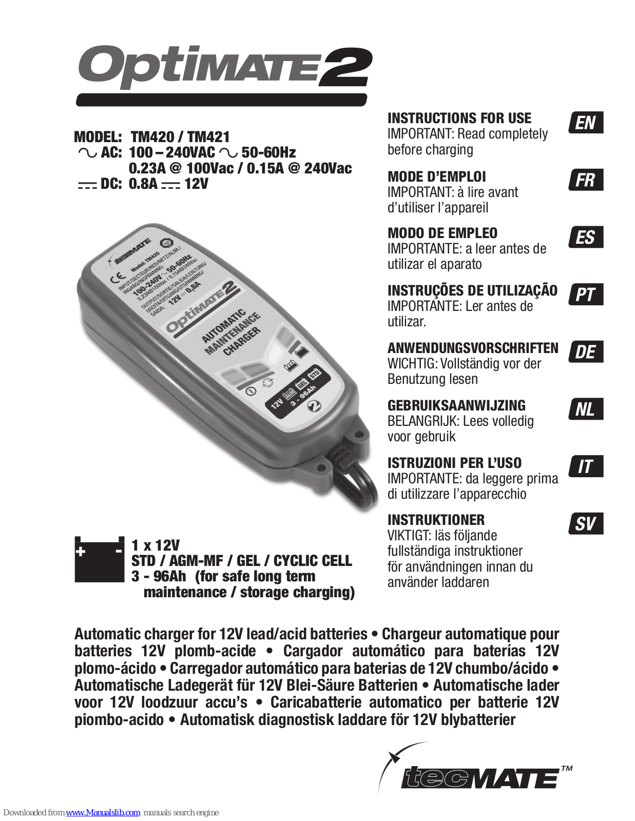 TecMate optimate2 TM420, optimate2 TM421 Instructions For Use Manual