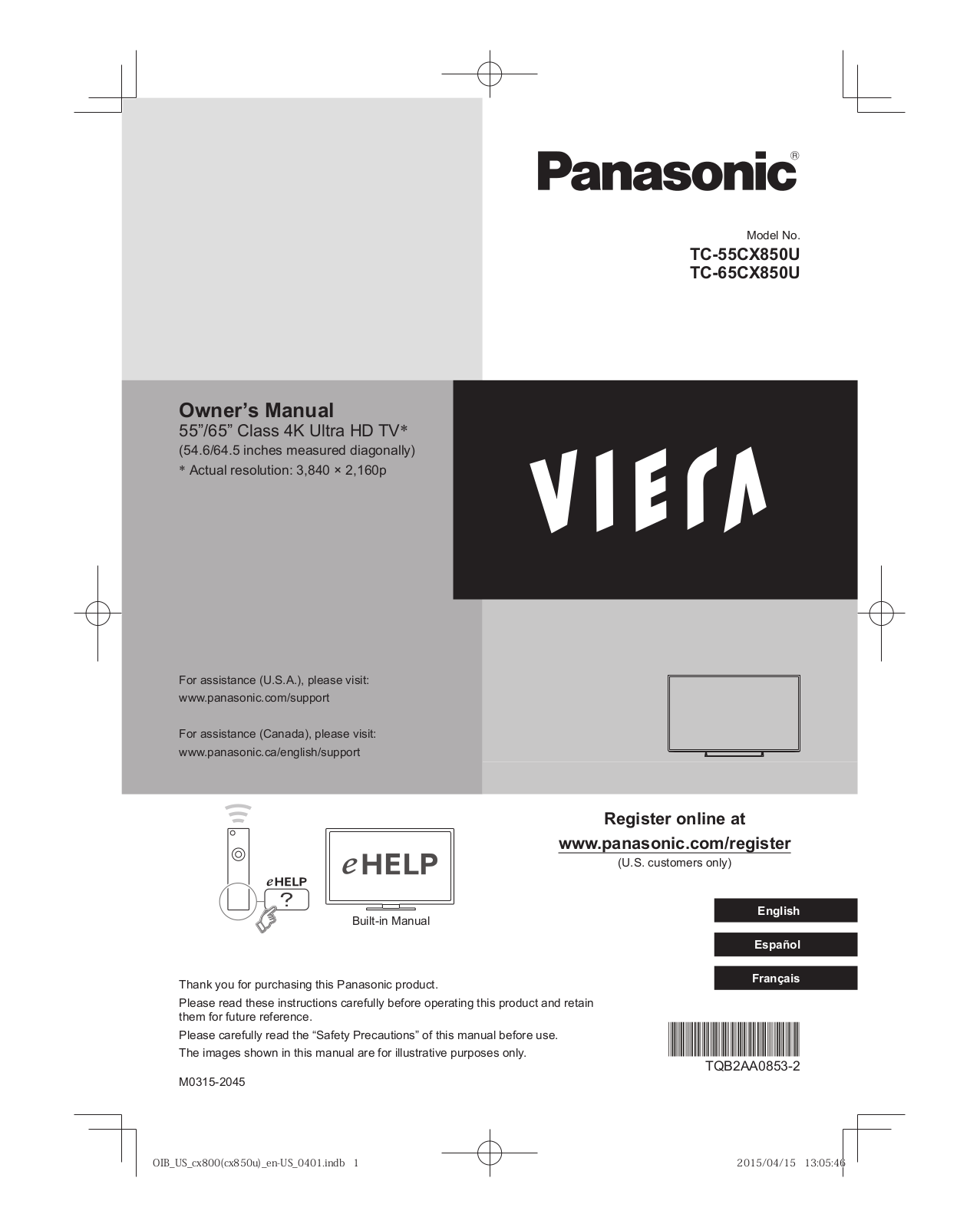 Panasonic tc-55cx850 Operation Manual