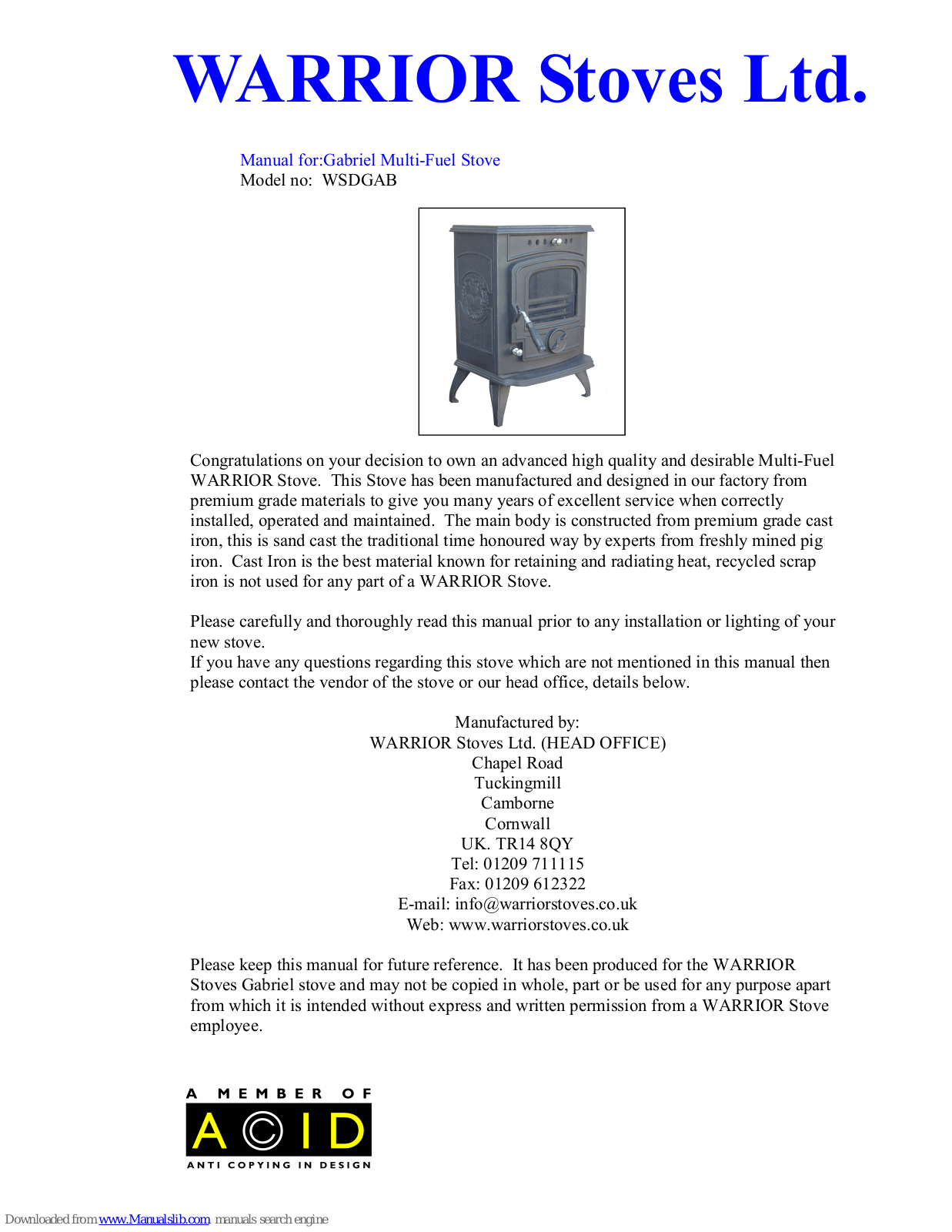 WARRIOR Stoves WSDGAB User Manual