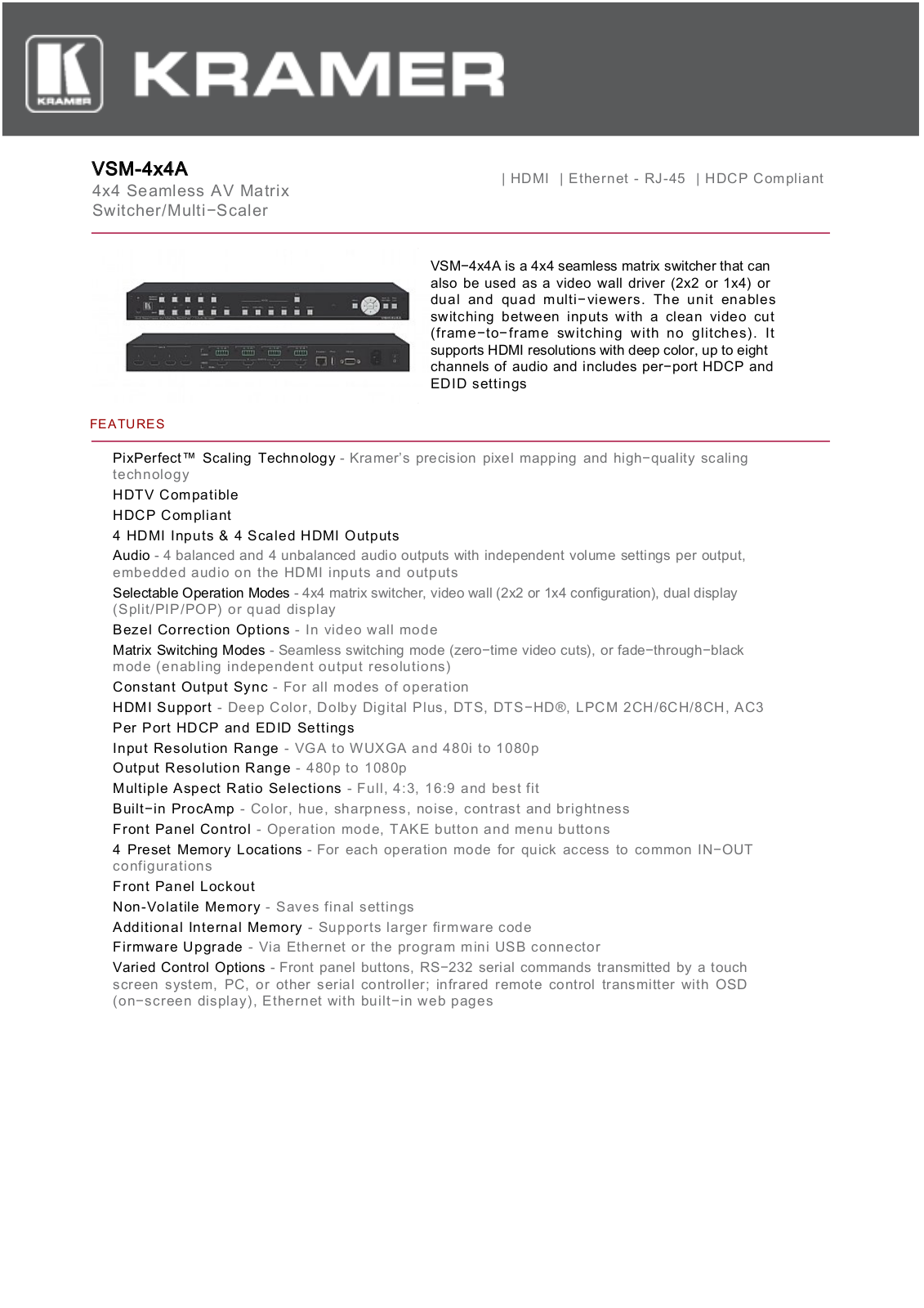 Kramer VSM-4X4A Datasheet