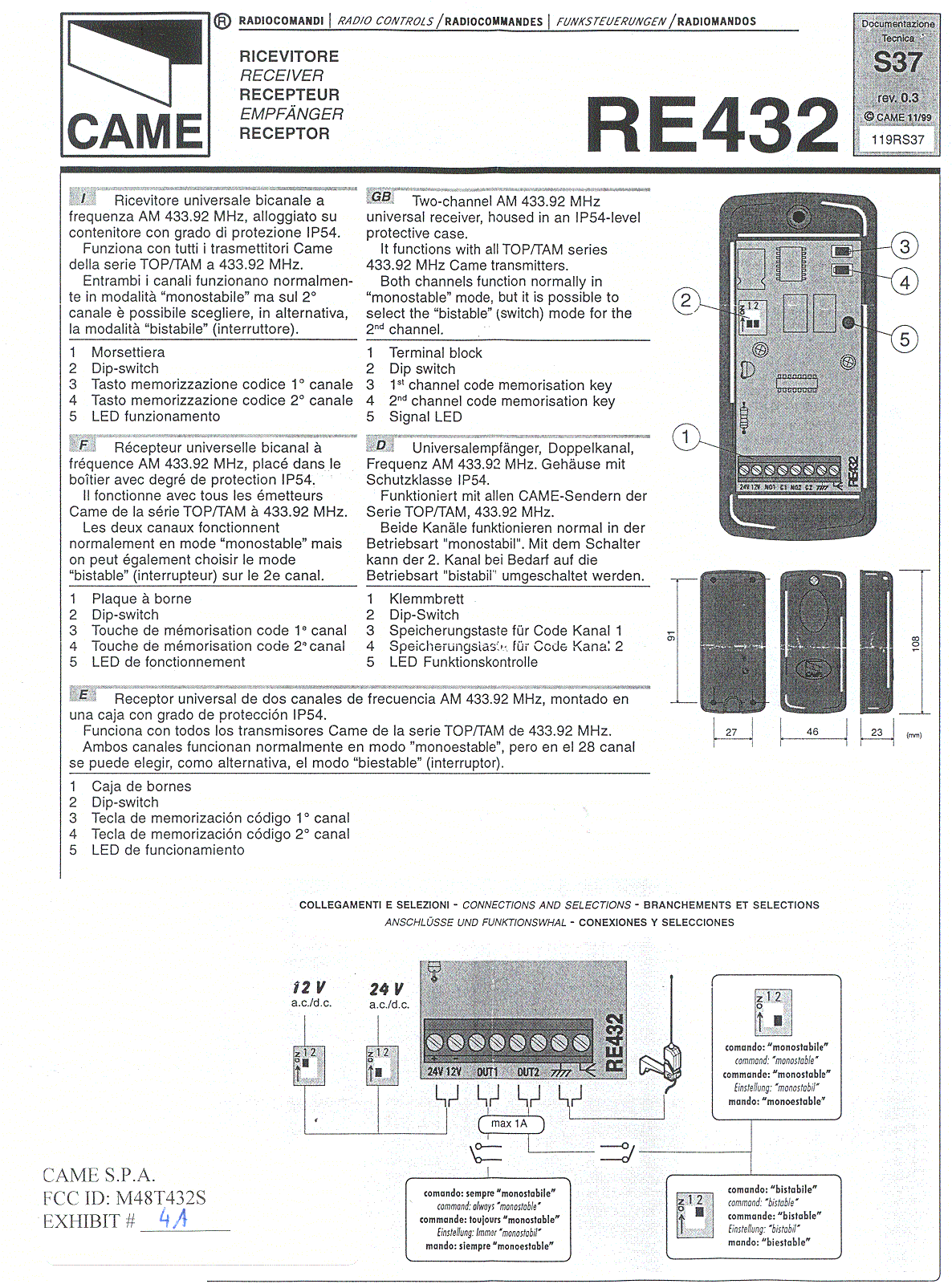 Came Cancelli Automatici T432S Instruction Manual