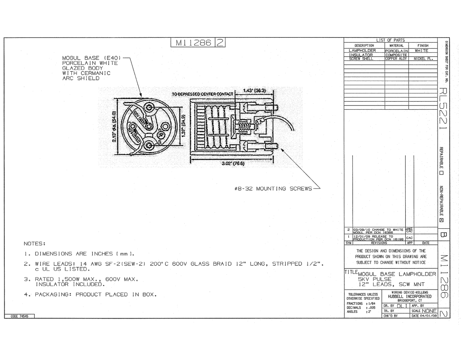 Hubbell RL5221 Reference Drawing