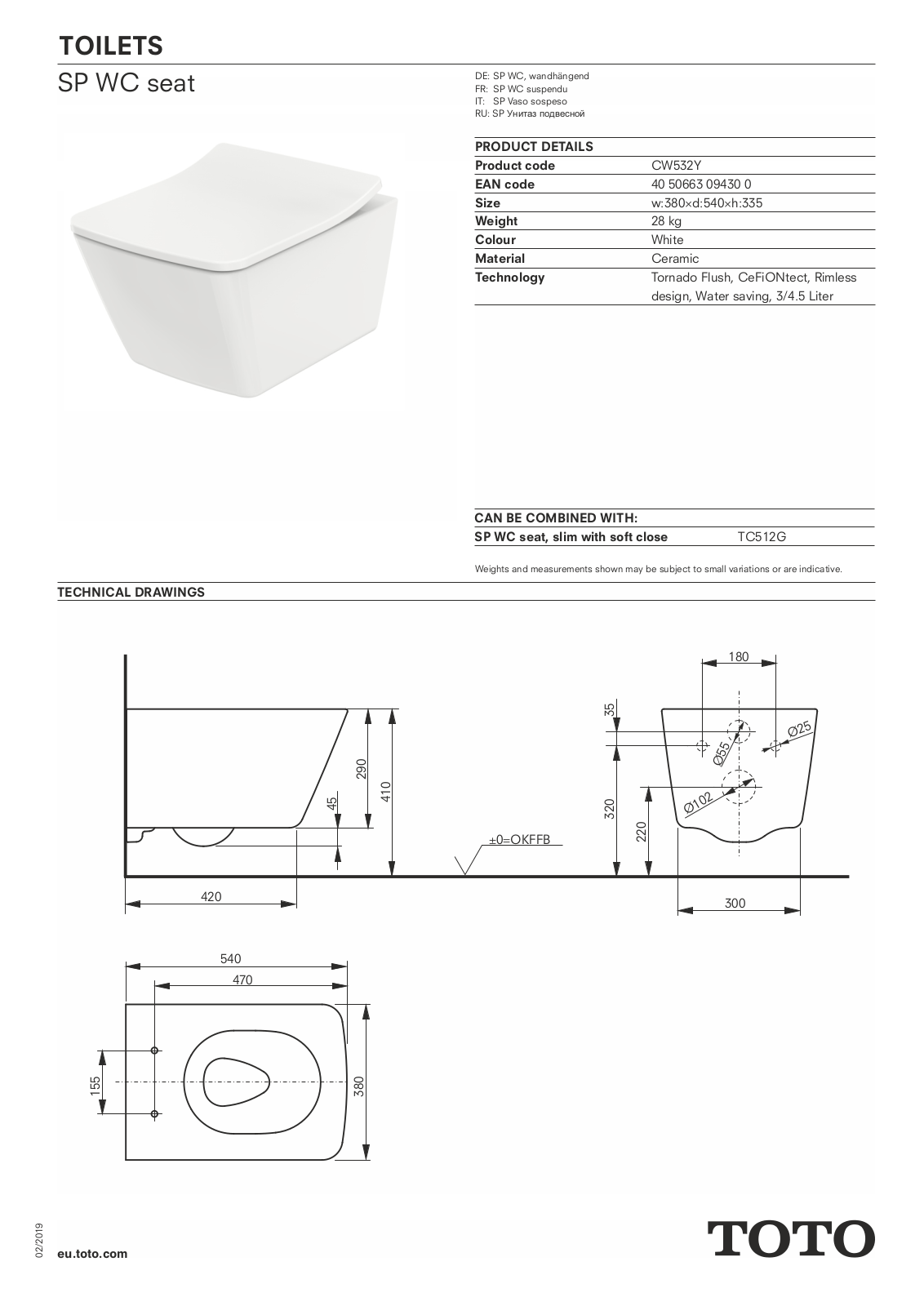 TOTO CW532Y Datasheet