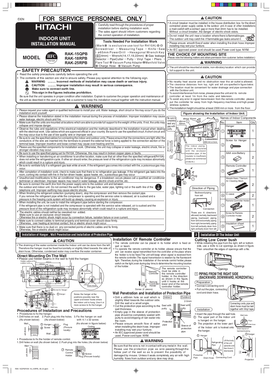 Hitachi RAK-15QPB, RAK-18RPB, RAK-25RPB Installation manual
