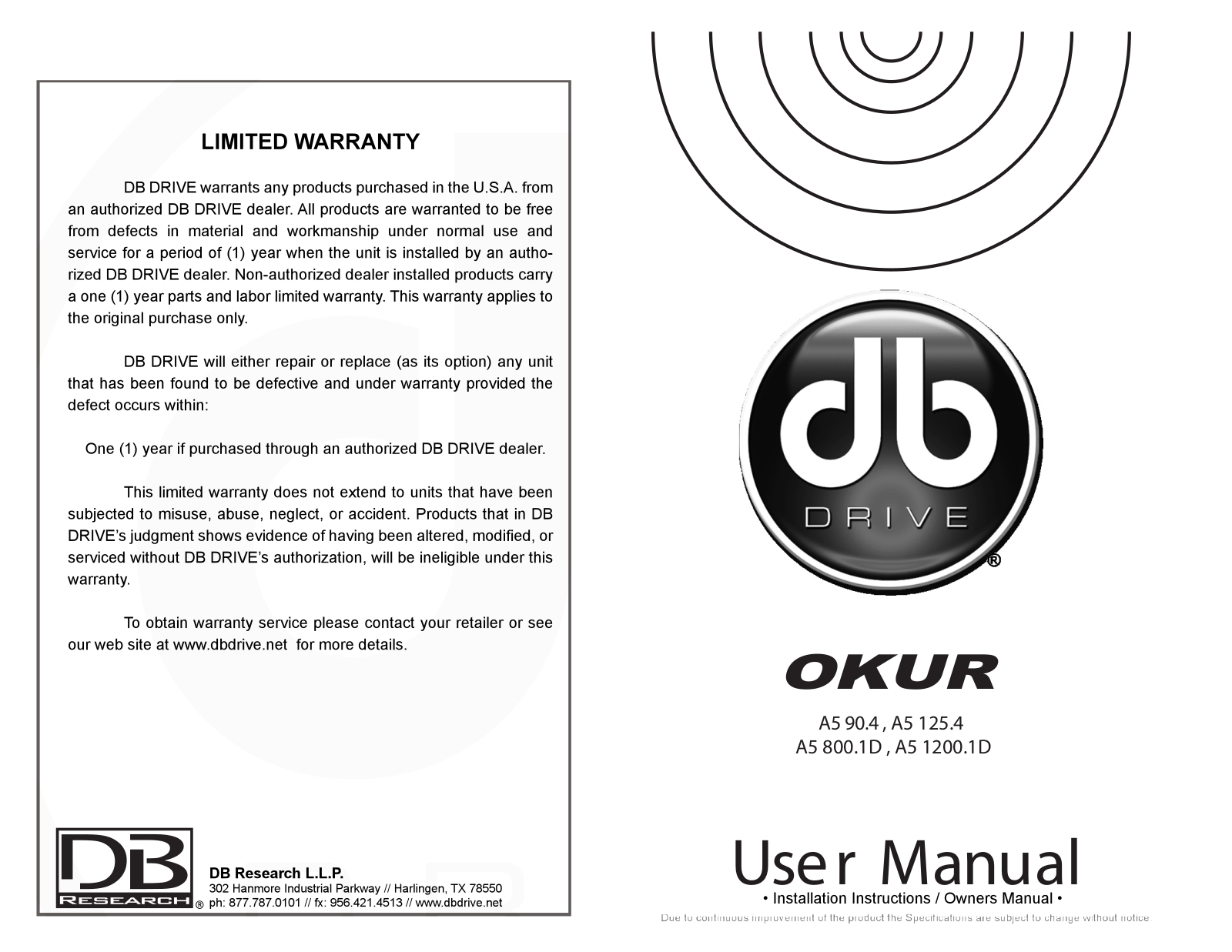 DB Drive A5 90.4, A5 125.4, A5 800.1D, A5 1200.1D User Manual