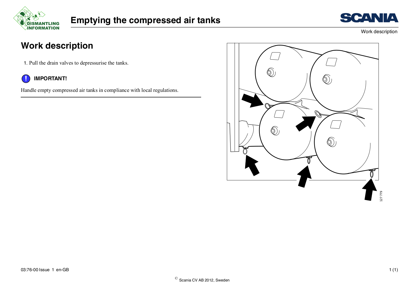 Scania Emptying the compressed air tanks Service Manual