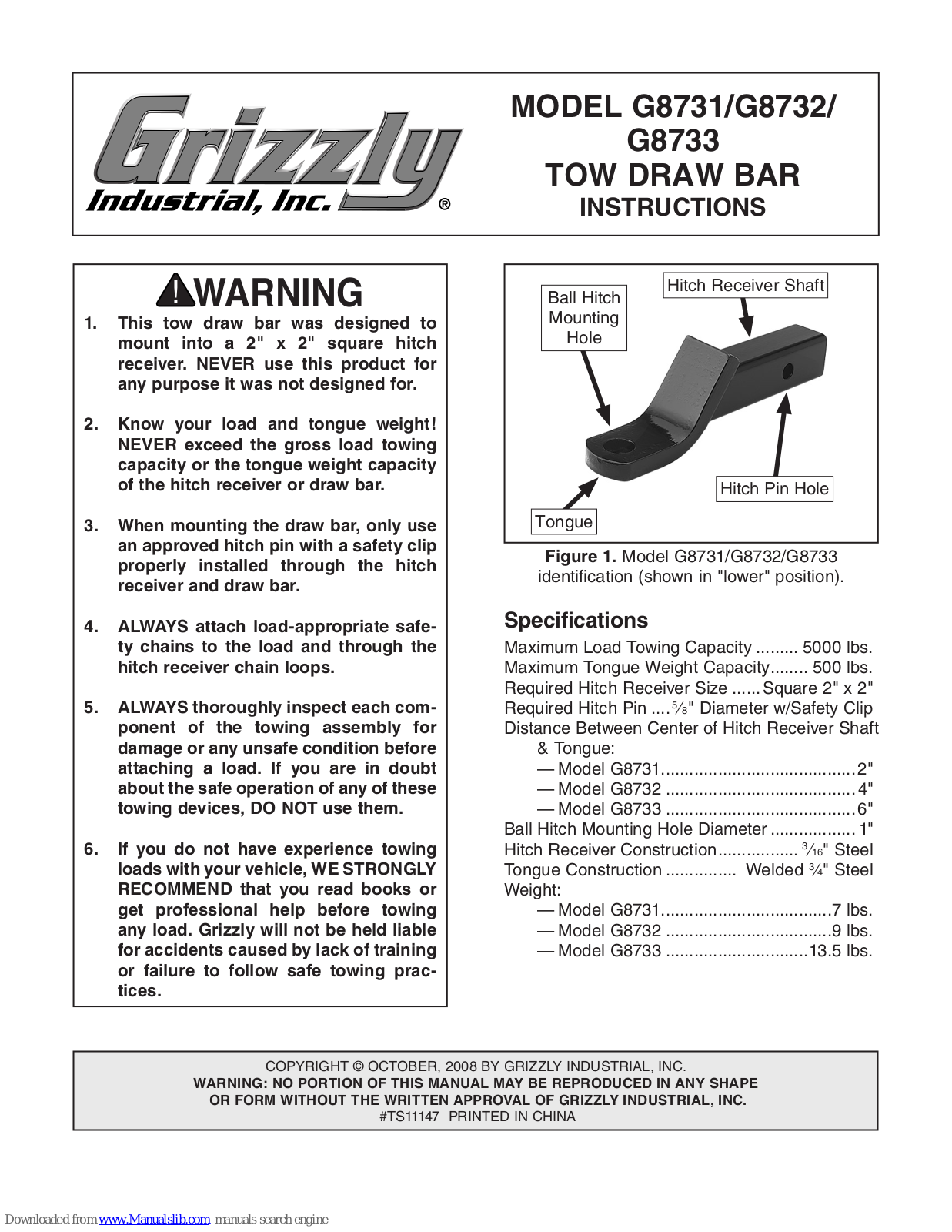 Grizzly Tow Draw Bar G8731, Tow Draw Bar G8732, Tow Draw Bar G8733, G8731, G8732 Instruction Manual