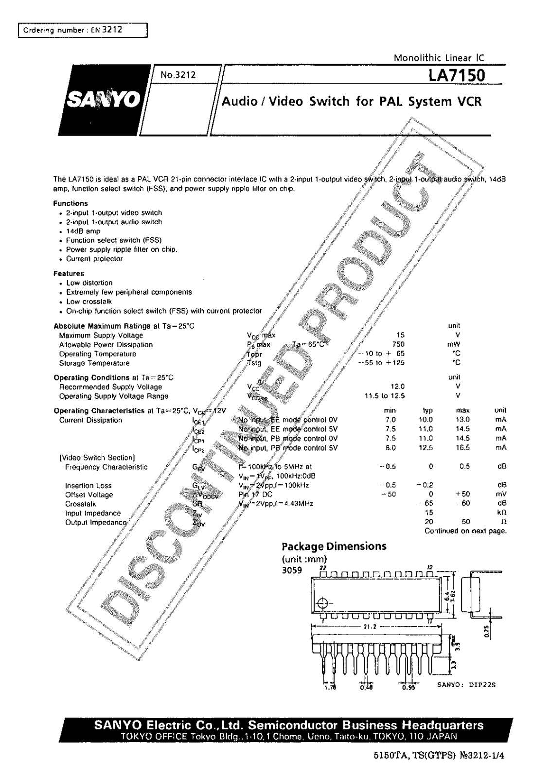 SANYO LA7150 Datasheet