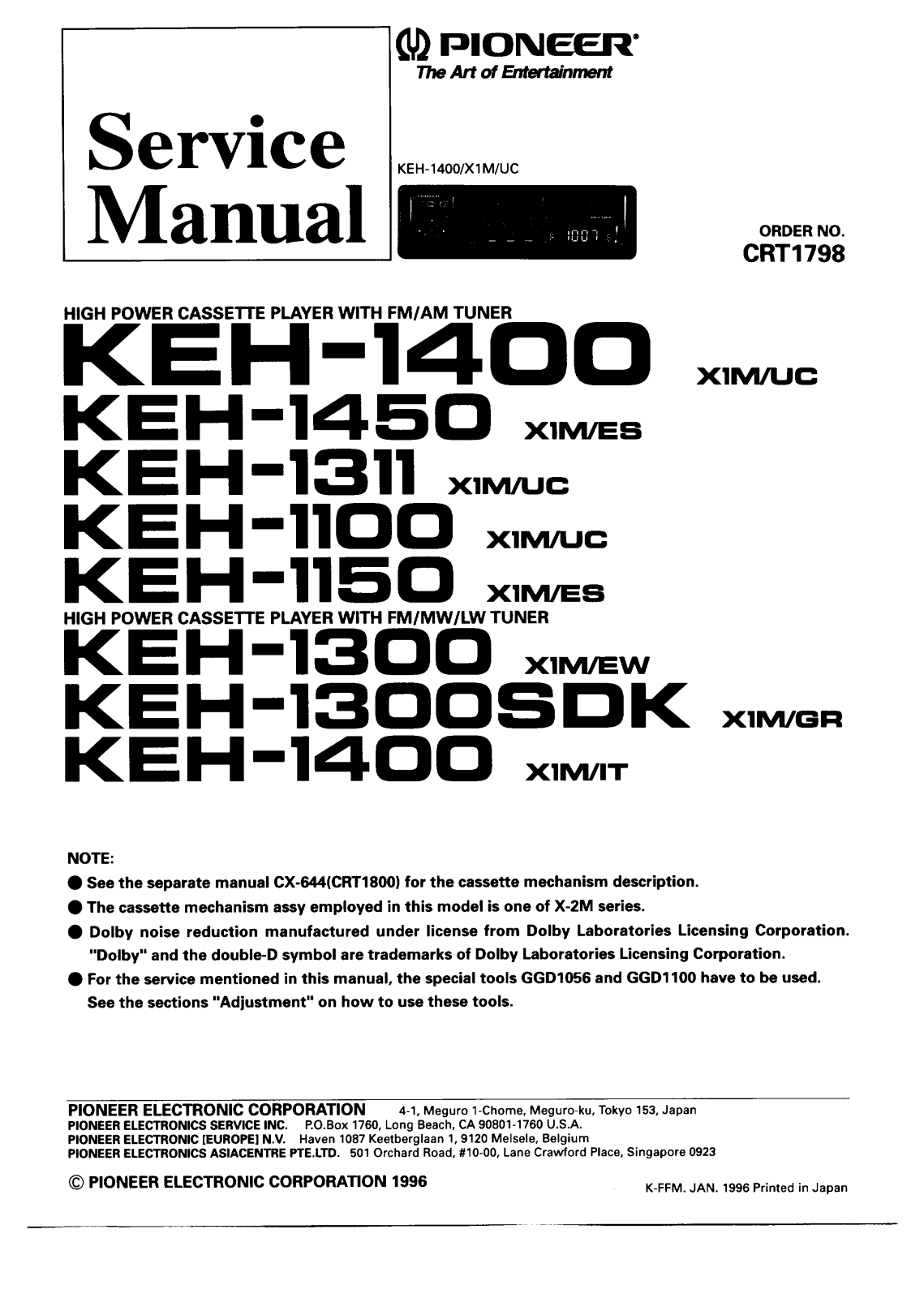 PIONEER KEH-1100, KEH-1150, KEH-1311, KEH-1300, KEH-1400 Service Manual
